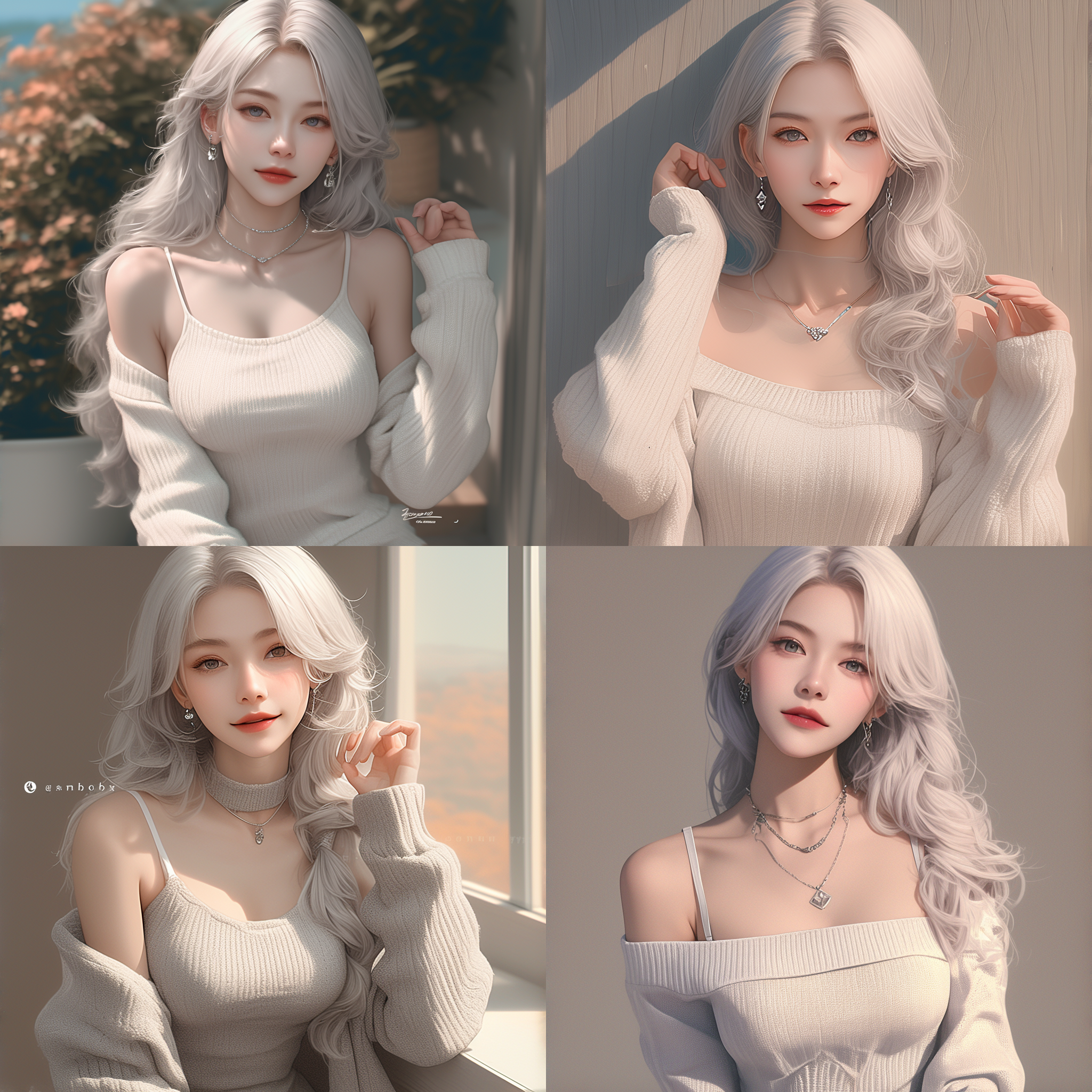 银发亚洲女孩，淡色连衣裙，银耳环，银项链，真实照片，清晰细节，木质背景，标签齐全，快乐阳光，时尚，服装 - 虹6 - 外观1:2 - 放松 - 风格化710