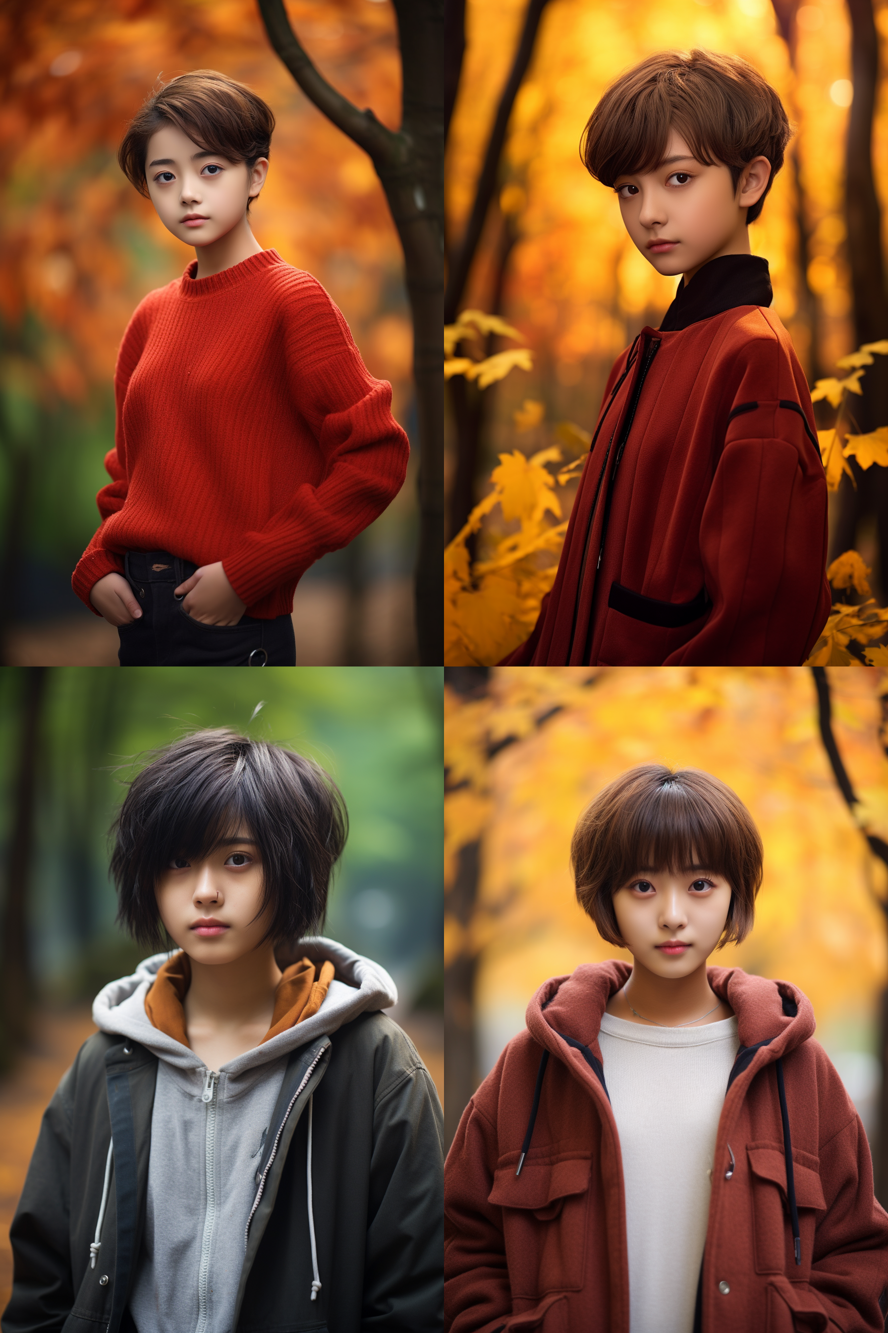 12岁中国可爱短发女孩,肖像镜头，枫林背景