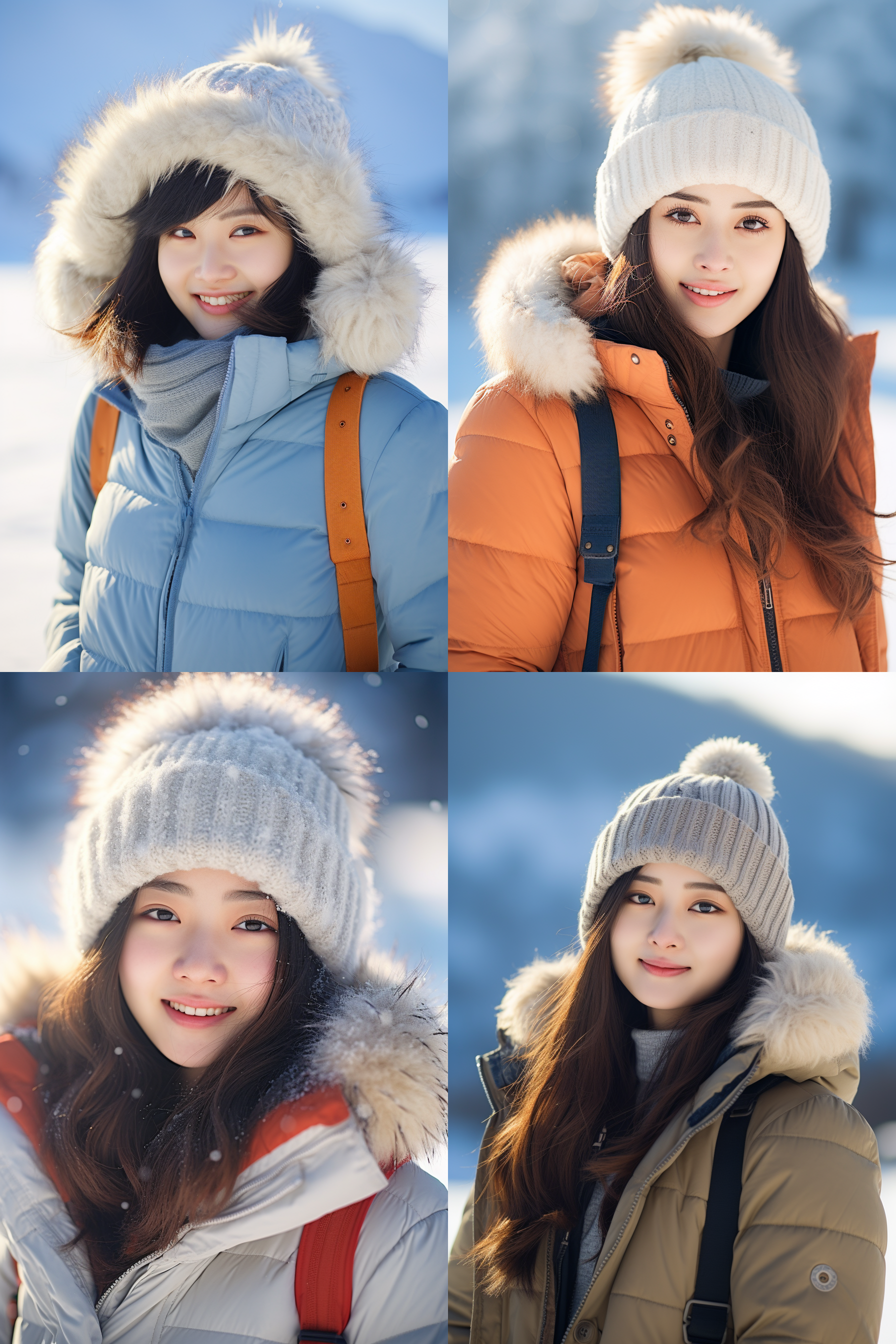 中国女孩冬季户外，穿着羽绒服和毛线帽，笑容灿烂，雪地上，超高清摄影图，自然光，正面视角，柔和色调，温暖情感，自然肖像风格, 女性主题, 冬季风光，快门优先。