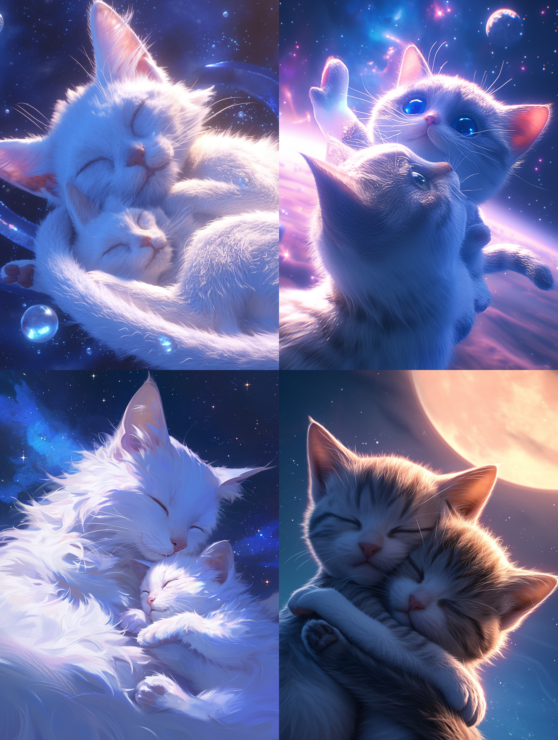 印象主义，3d立体，治愈系，可爱小奶猫，两只在玩耍，小猫表情生动，相互依偎，背景是漫天星辰，广角镜头，2.0光圈，丰富细节，极高质量，动态，垂直宽高比
