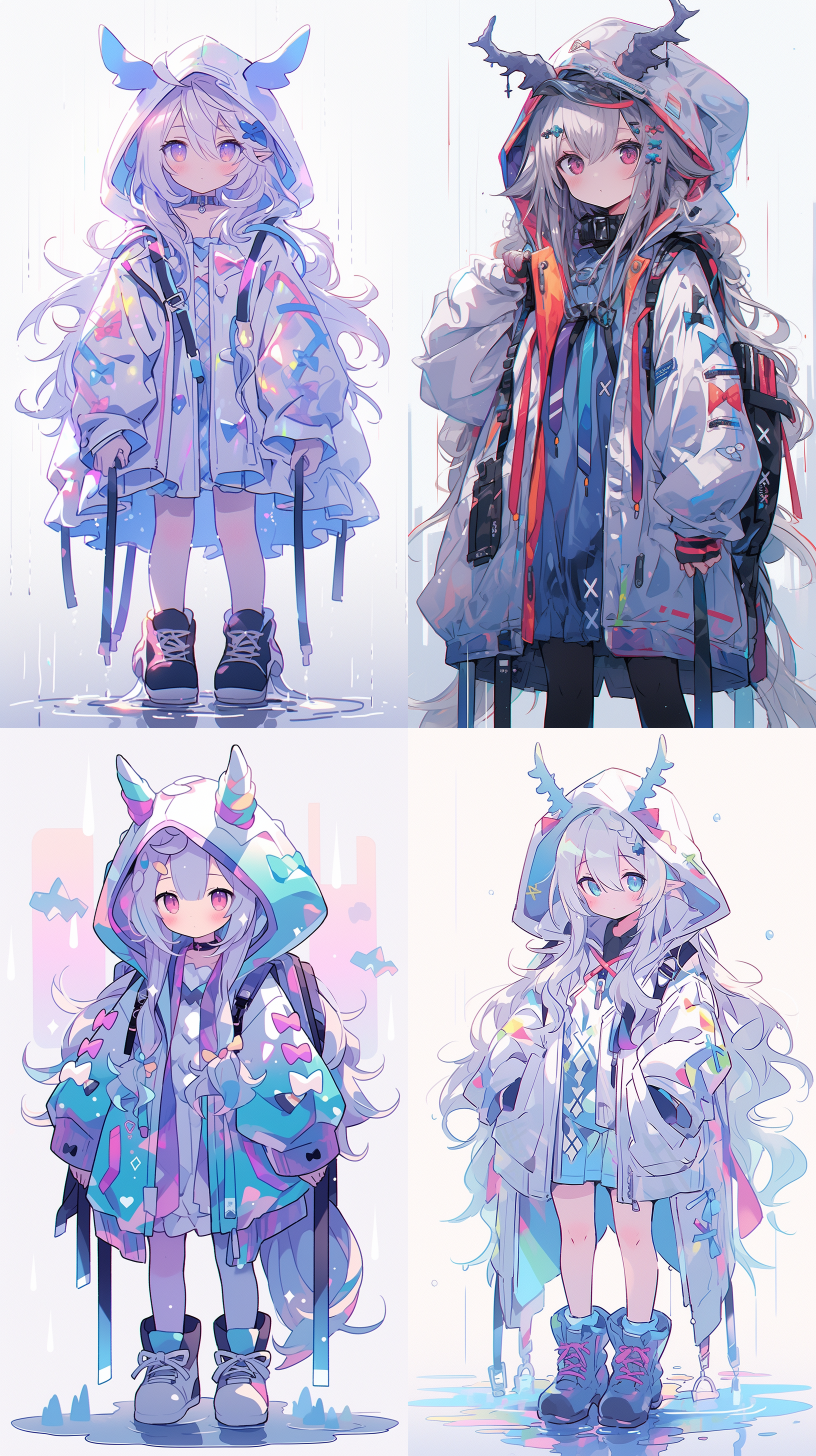 k动漫，一个可爱的鹿角女孩穿着雨衣，彩虹不透明薄膜rgb，蓝紫色彩虹雨衣，浅紫色，干净的背景，全身，8k