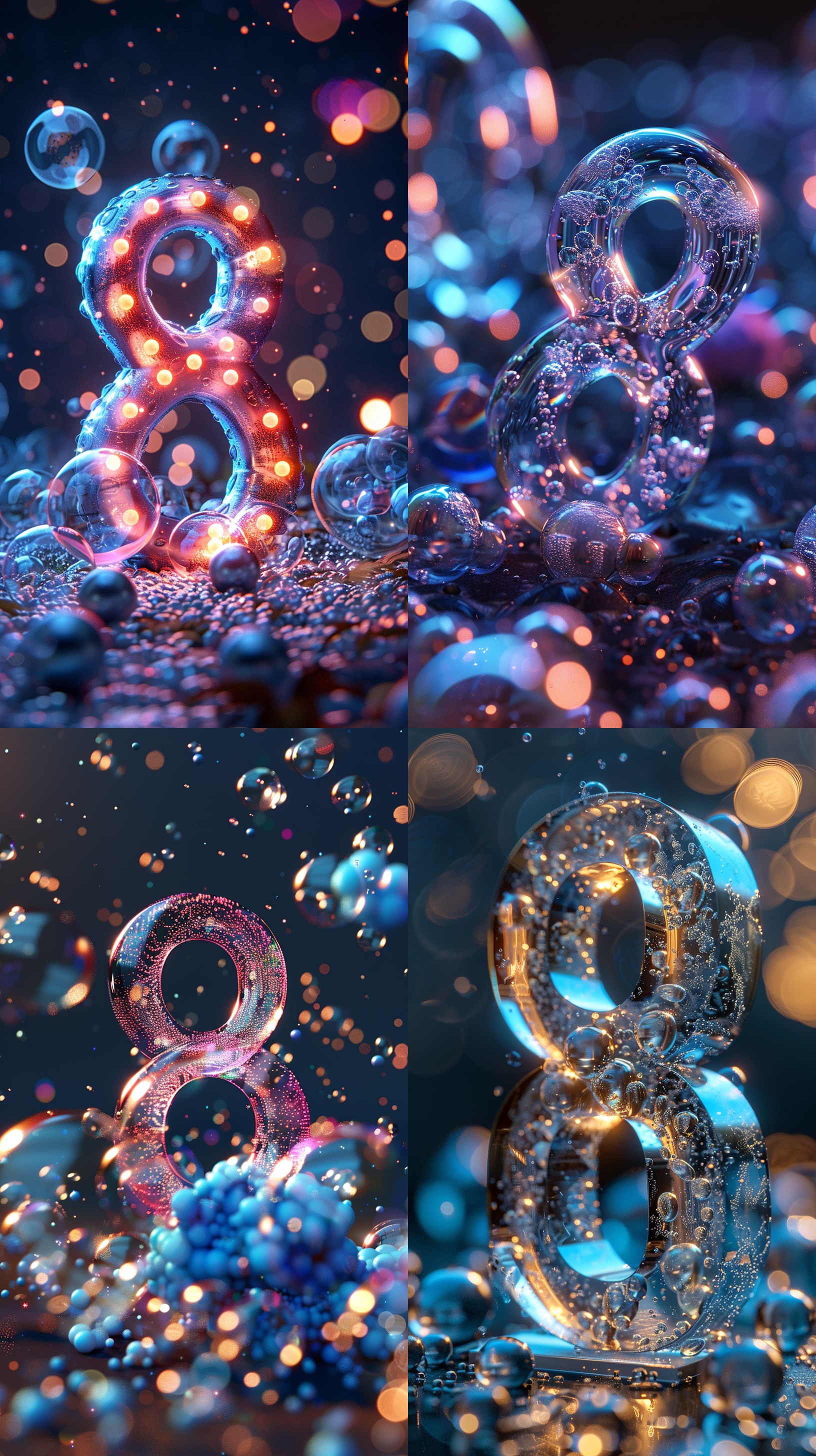 number"8", blue background,transparentbubbles, laser light, soft lighting, laser color,3d render