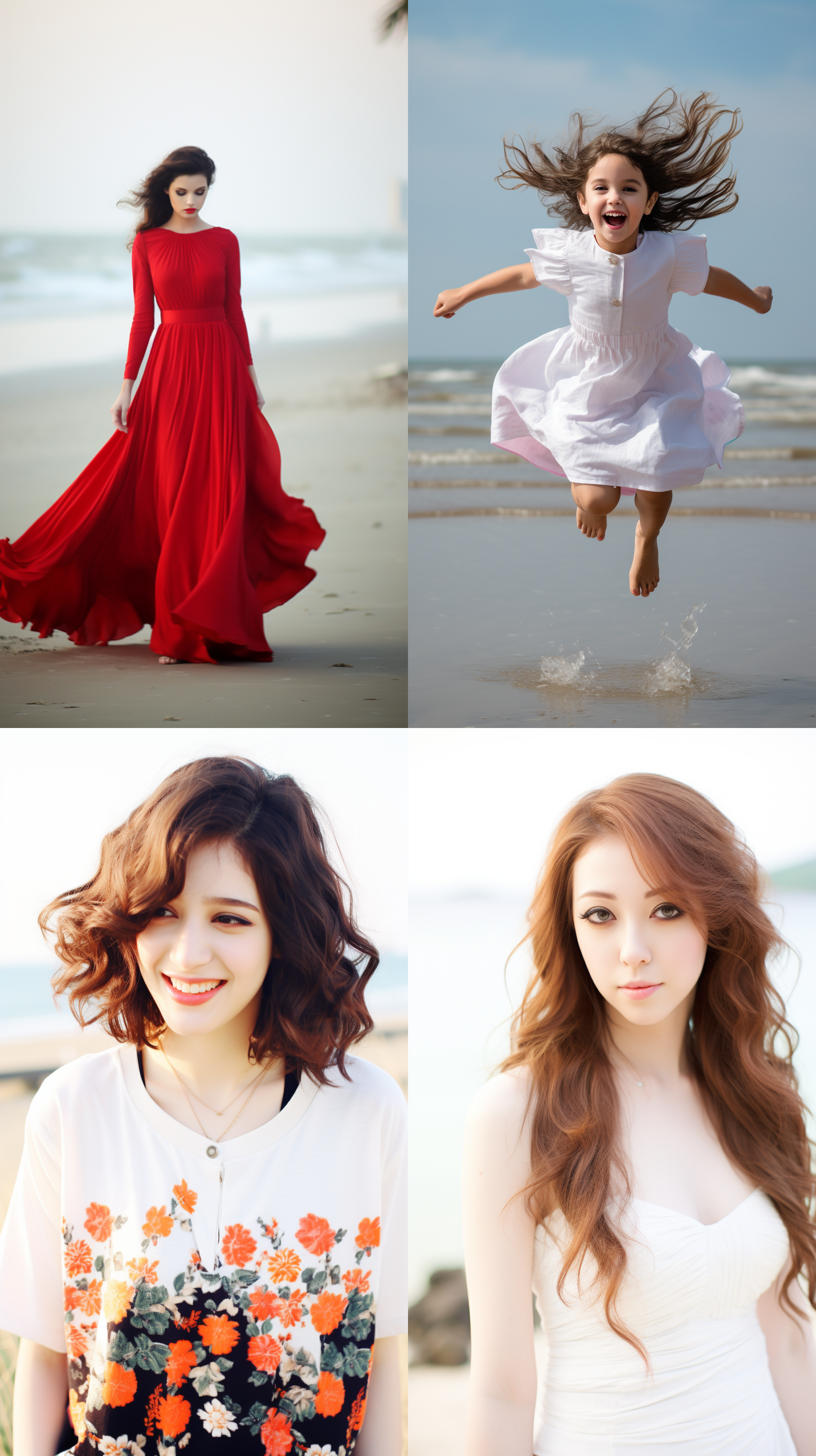 中国模特，夏日海滩摄影，沙滩上，活泼笑容，清晰明亮，户外环境