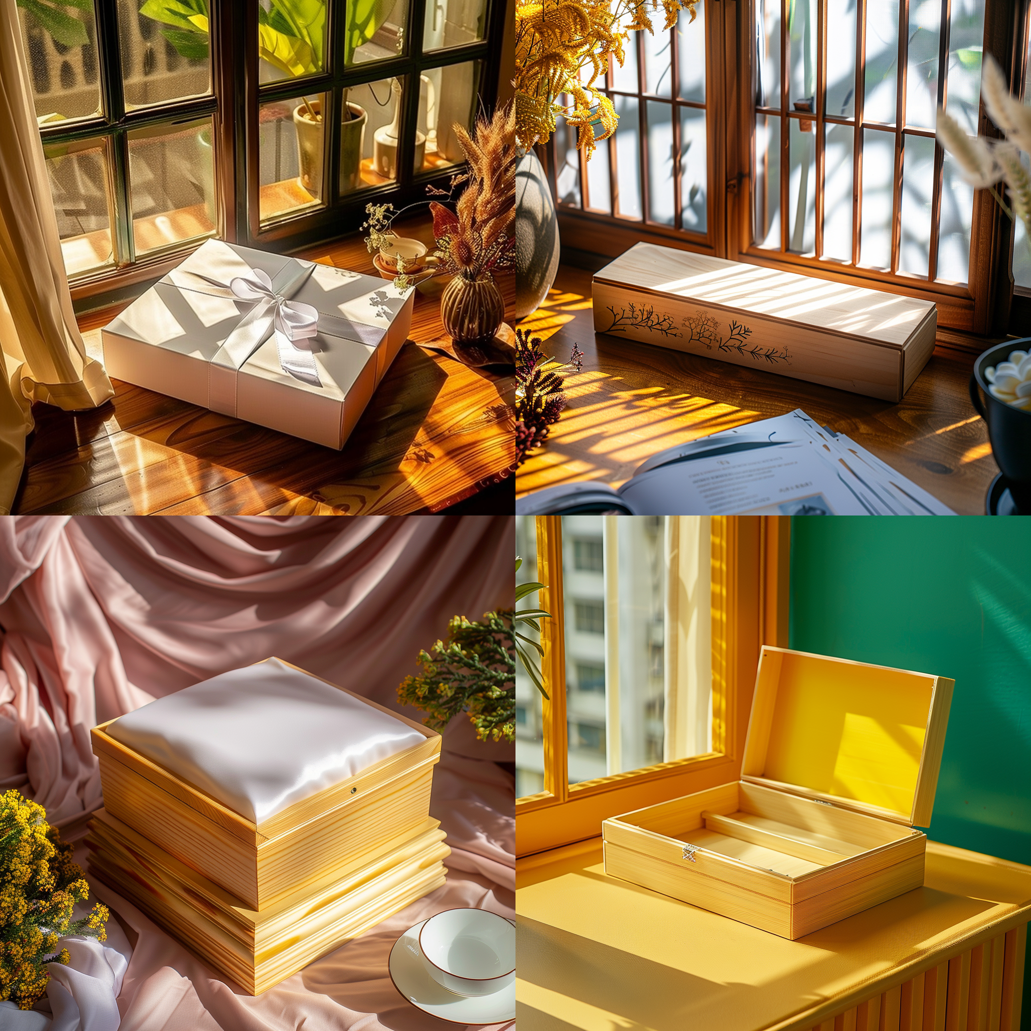 盒子包装，桌面，简洁风格，俯视角度，明亮环境，细节纹理，阴影，无人，木质材质，暖色调，静态，优雅。