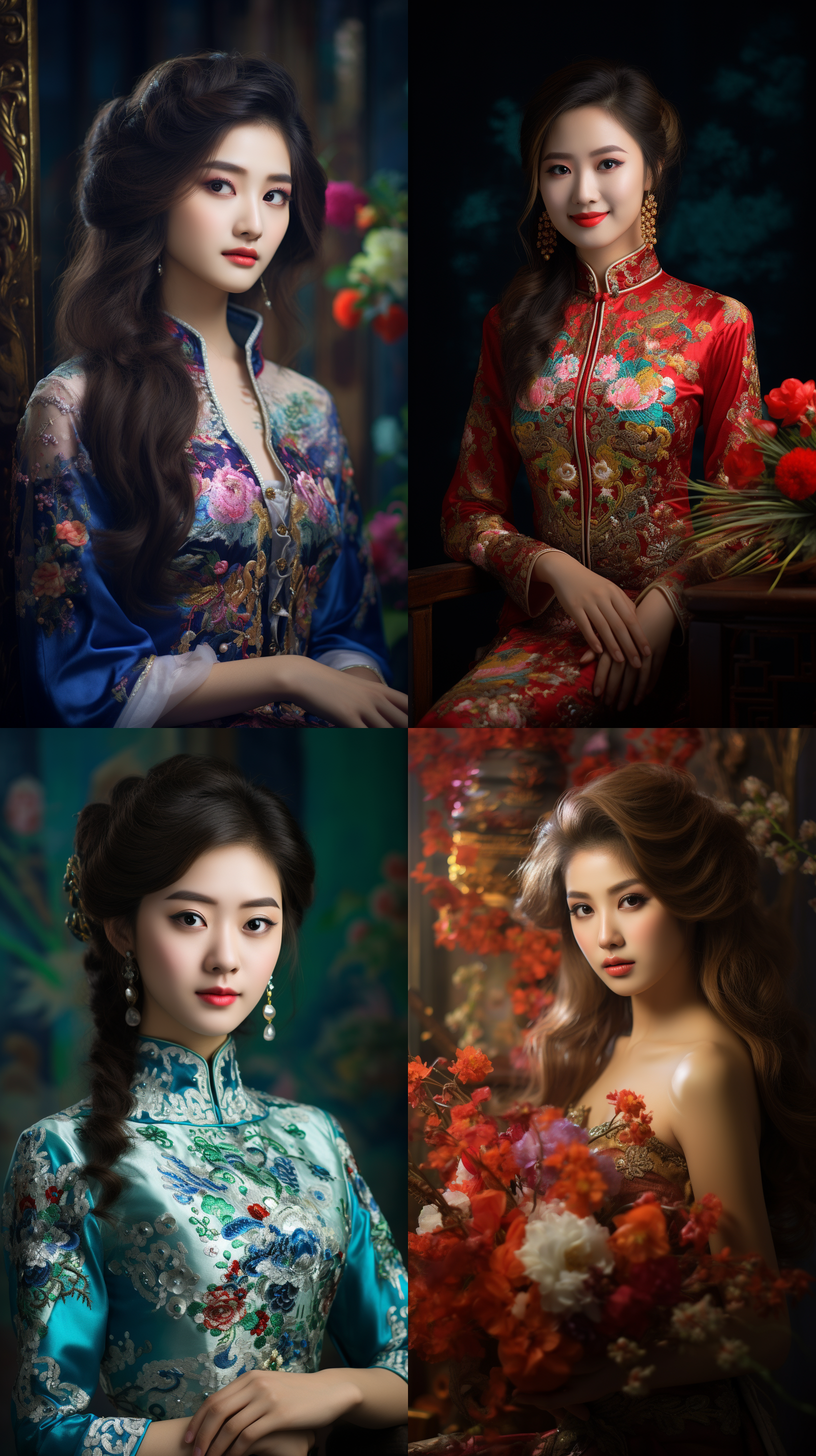 室内拍摄，明亮色调，中国模特穿着古典服装，侧面肖像，柔和光线，中焦镜头，端庄表情，优雅动作，传统元素，油画效果，温暖情感