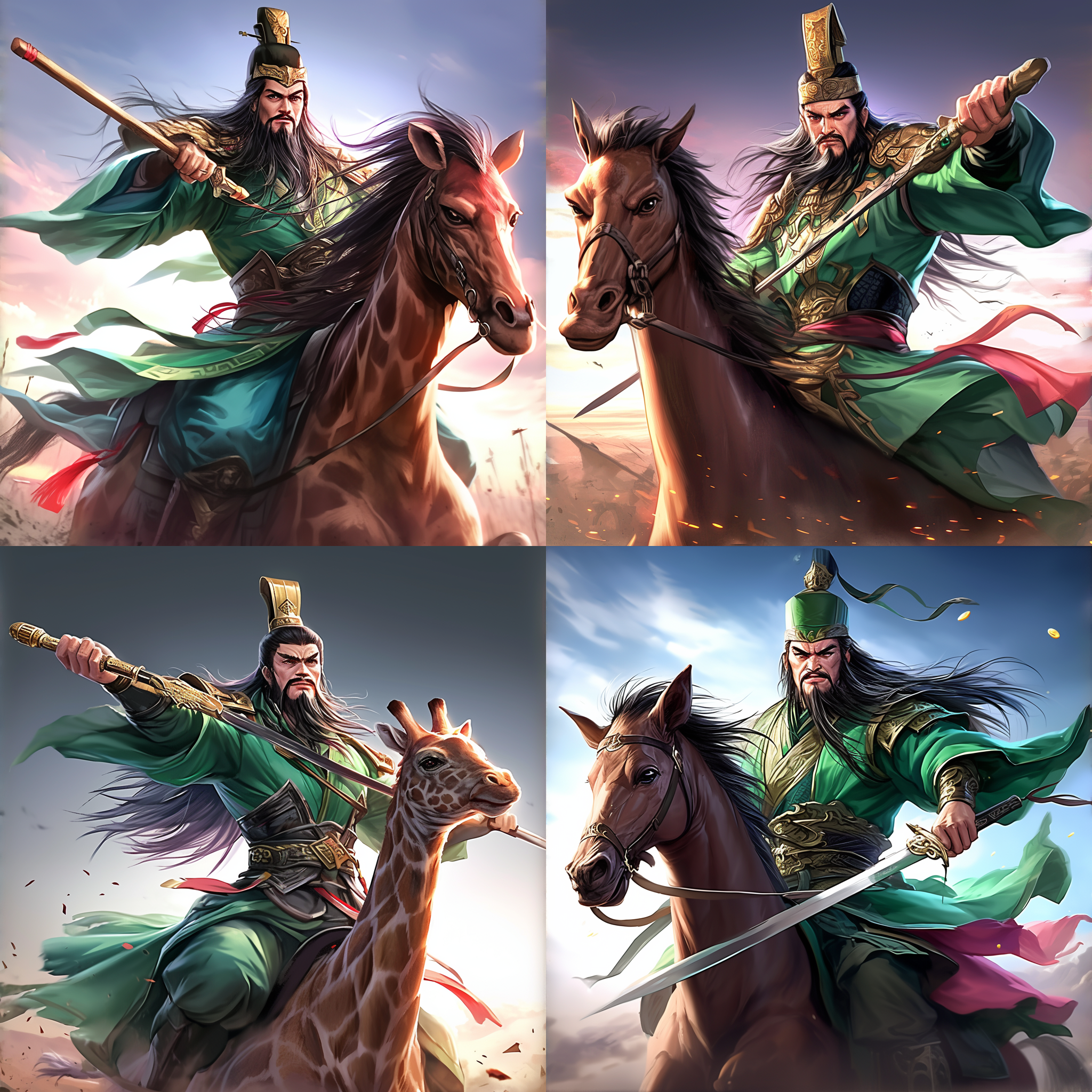 关羽骑长颈鹿，金元宝，宝剑，传统战袍，目光坚定，威严，力量，决心，史诗风格，暖色调，全景视角，逆光，动作凝固，古代战士，英雄。