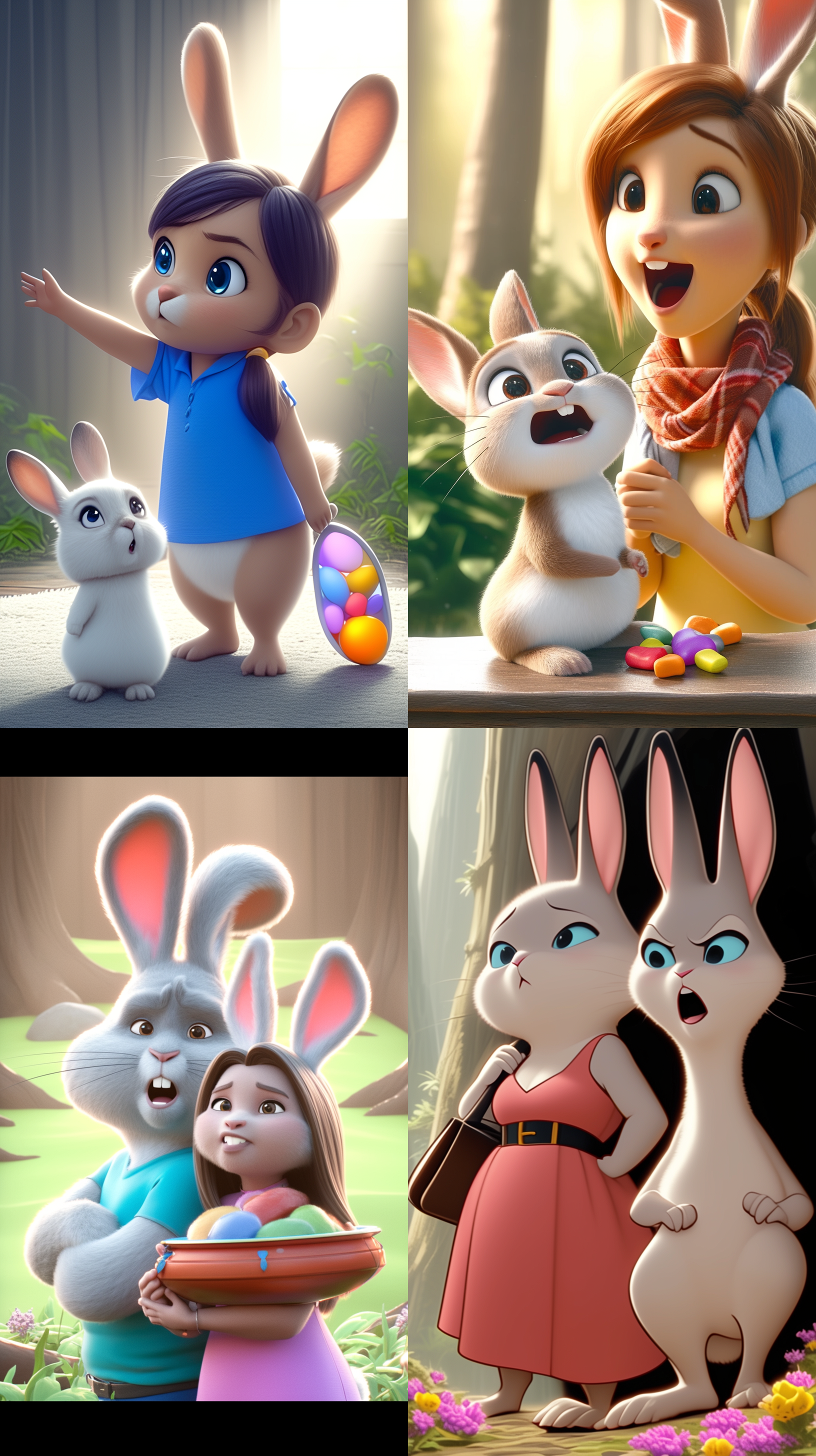 兔子和妈妈在家里吵架, 昏暗的房间里, 垂直构图, 冷色调, 中焦镜头, 侧光, 情绪化表情, 对峙, 家庭关系, 愤怒, 紧张。