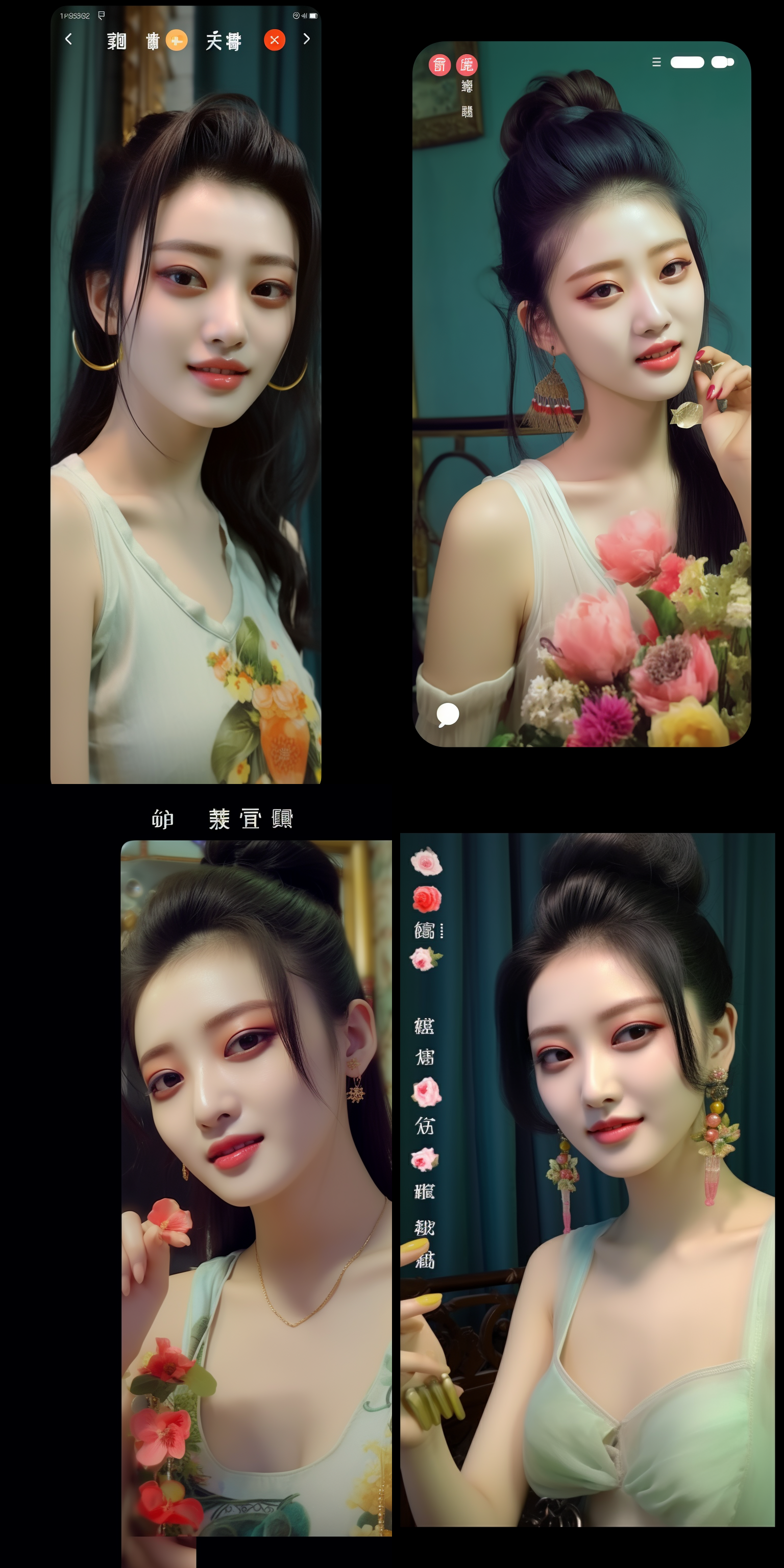 中国美女插花，清新典雅，室内环境，细致服饰，和煦微笑，精致化妆，花艺作品，自然光，中焦镜头，柔和色调，静态动作，优雅气质。