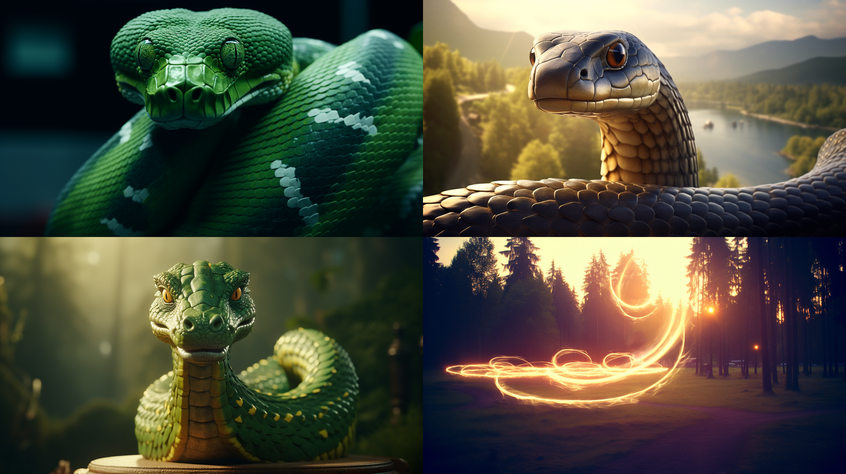 蛇在日落时分蜿蜒前行，森林中，细节丰富，光影交错，侧光，特写镜头，自然色调，缠绕，神秘，优雅。