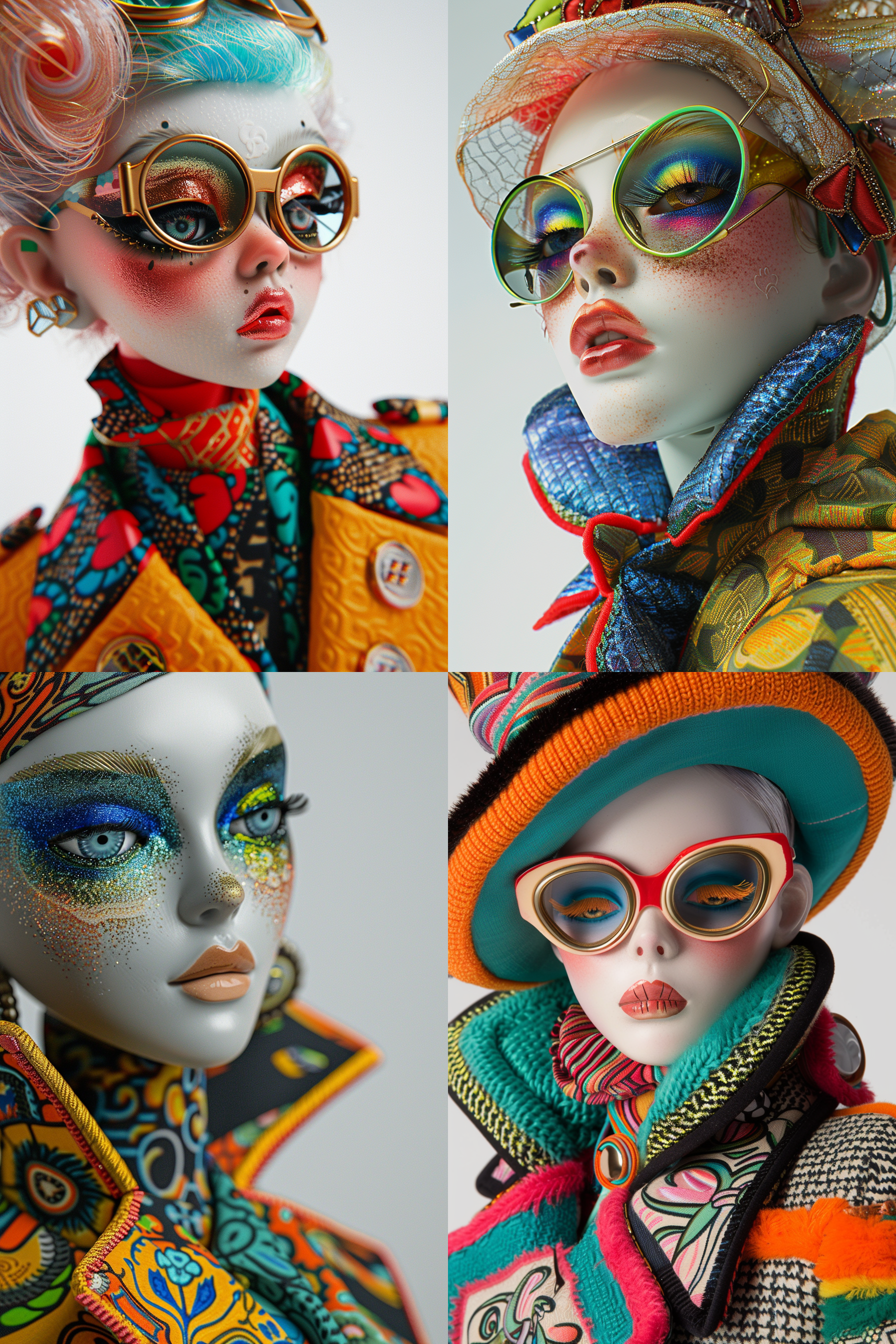 玩具娃娃，半身特写，美丽眼妆，立体面部特征，穿着gucci风格服装和配饰，色彩斑斓外套，3d风格，金属质感，3d图标粘土渲染，前卫，未来主义和经典魅力，白色背景。三维，高光，纹理，时尚，抽象，现代感。