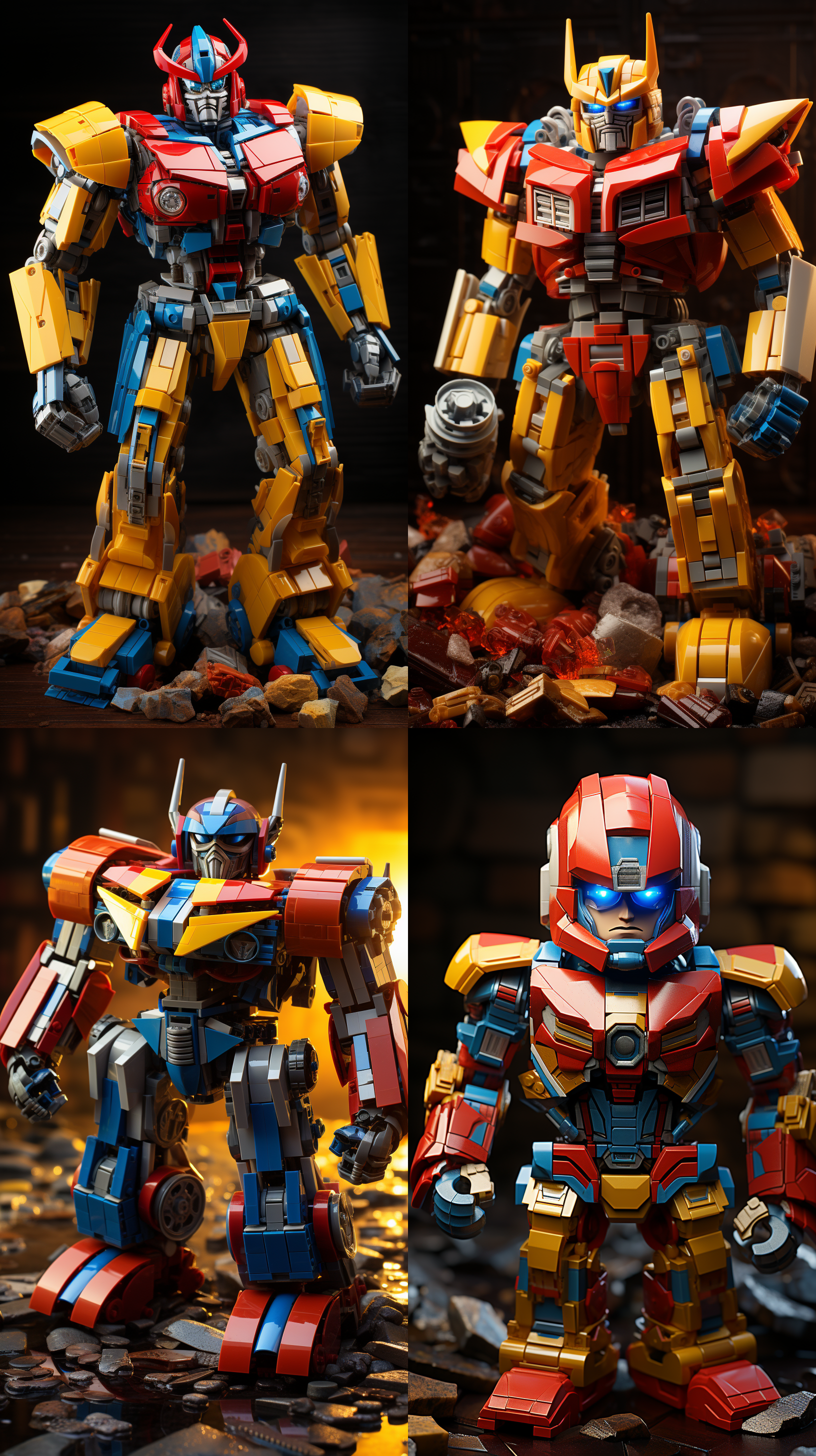 3d渲染，3d等距，变形金刚，全身，由乐高积木制成的，背景干净，摄影灯，红，黄，蓝，明暗法
