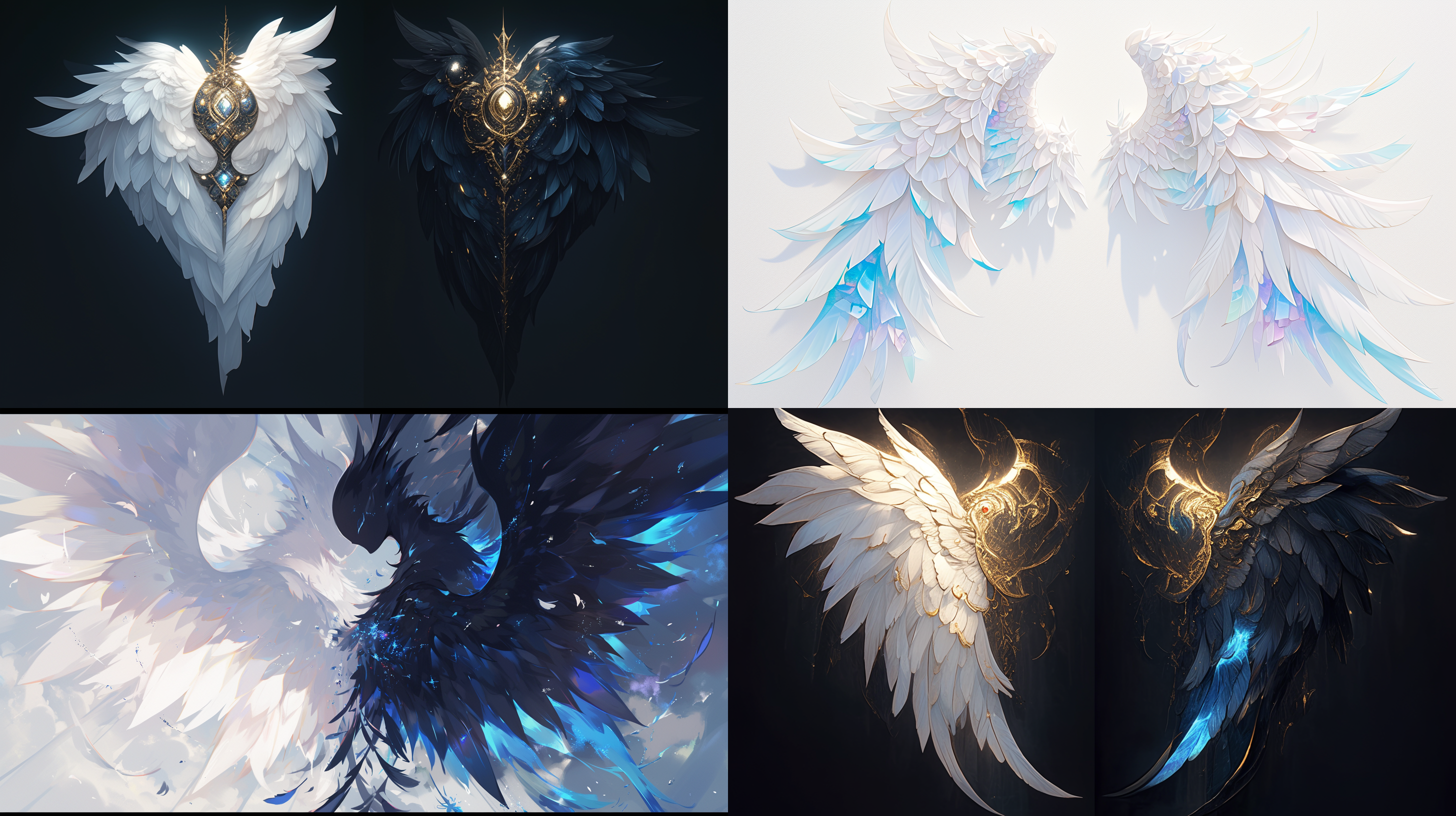 a pair of wings with intricate feather details, the left wing a flawless white that seems to glow with an ethereal light, and the right wing a deep onyx that absorbs all surrounding light, each feather delicately outlined with iridescent veins, creating a striking visual dichotomy