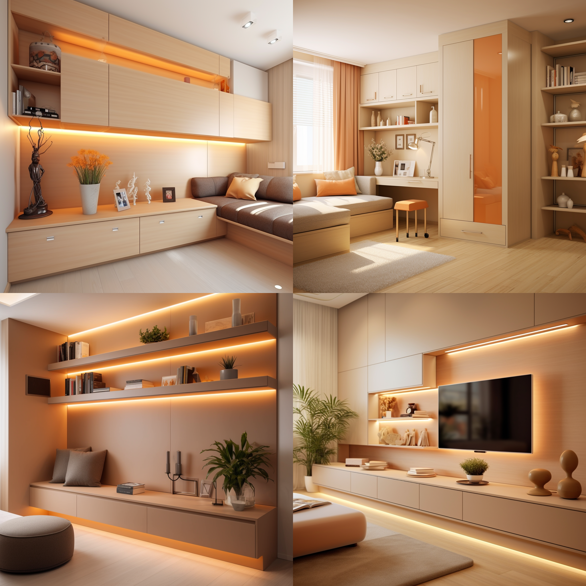 简约风格室内装饰，奶杏色调，线灯照明，整齐的收纳柜子，现代设计，明亮通透，舒适温馨，整洁有序。