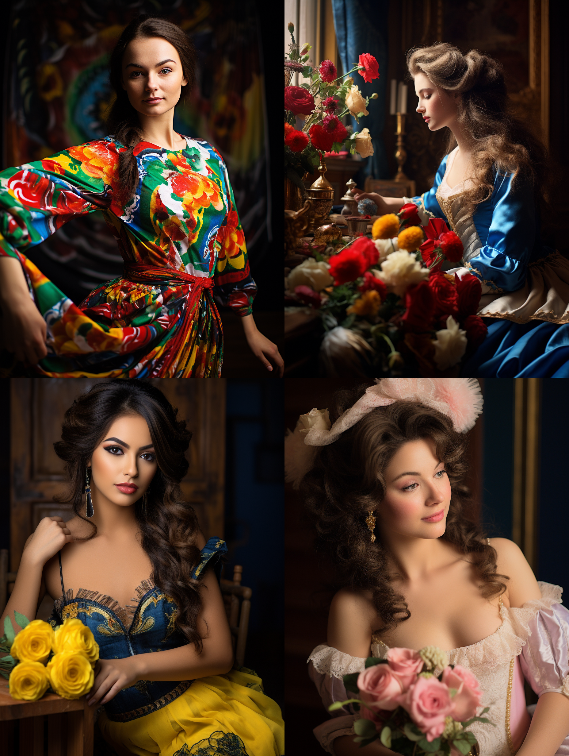 室内拍摄，明亮色调，模特穿着古典服装，侧面肖像，柔和光线，中焦镜头，端庄表情，优雅动作，传统元素，油画效果，温暖情感