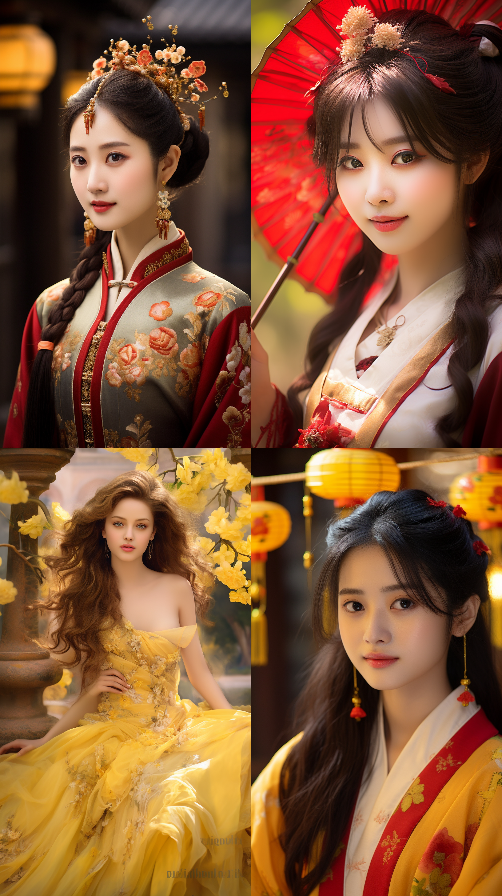 室外拍摄，明亮色调，中国模特穿着古典服装，侧面肖像，柔和光线，中焦镜头，端庄表情，优雅动作，传统元素，油画效果，温暖情感