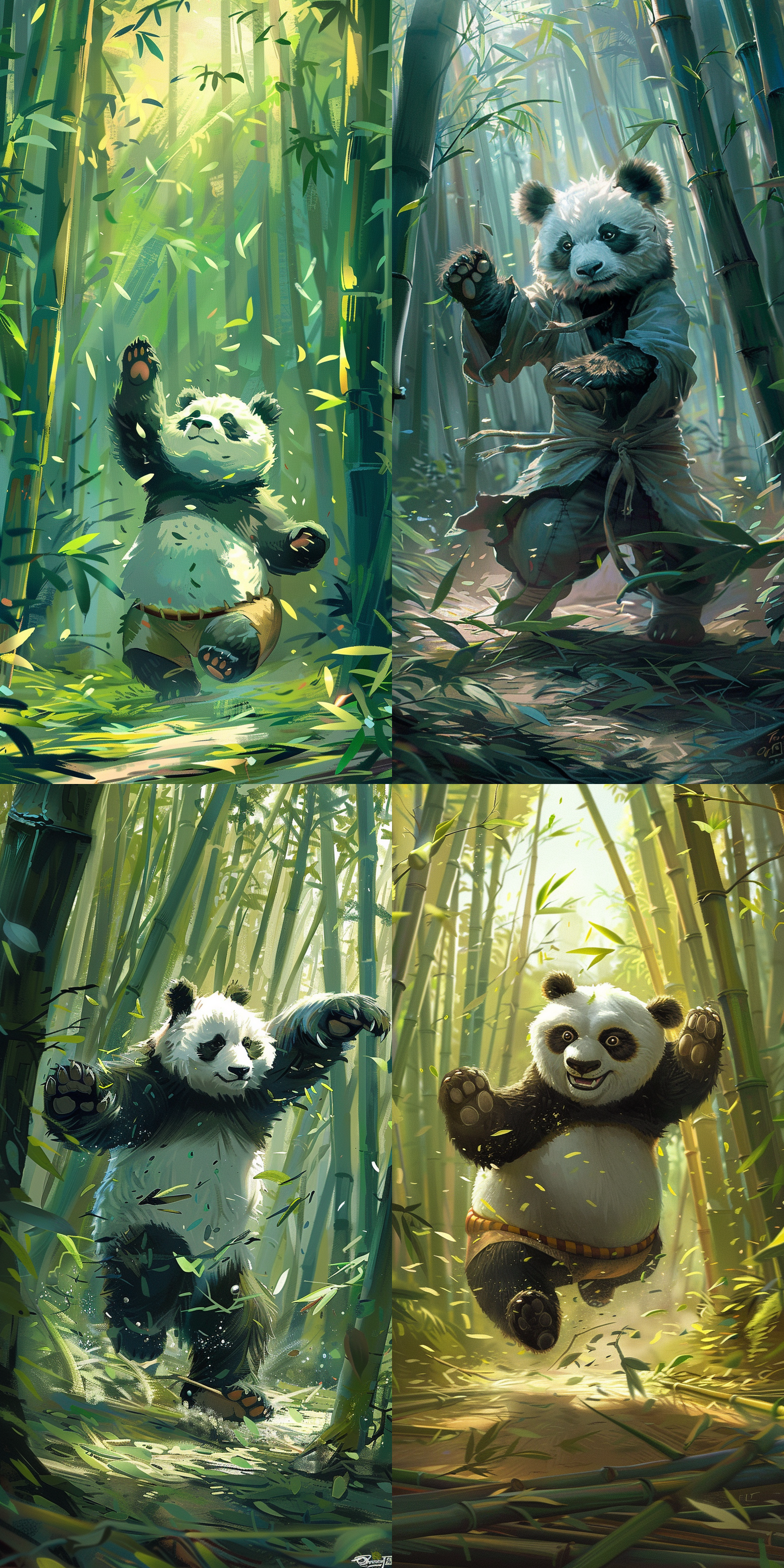 in the tranquil bamboo forest, a dedicated kung fu panda hones its combat skills in a firm and precise manner. bamboo leaves scatter on the forest floor, forming a crisp carpet under its feet. the panda's fur ripples with every hit and stop, and the scene is full of discipline and mastery. the dynamic composition highlights the panda's athletic ability and focus. against the organic background of towering bamboo stalks, injecting vitality and energy into the scene with a vibrant and lively art style, bold colors, and expressive brushstrokes