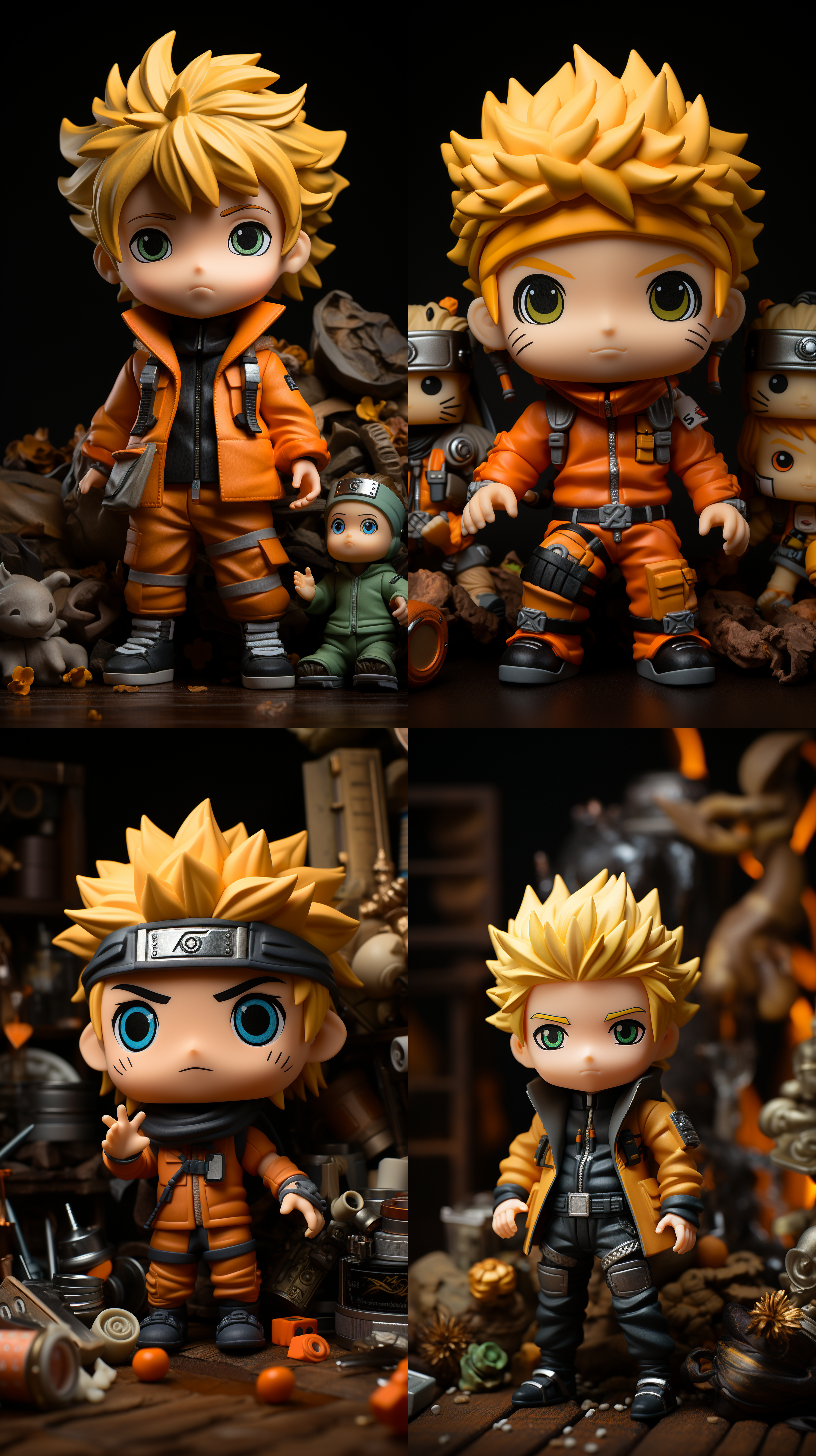 nendoroid naruto uzumaki posing in a dynamic ninja stance, surrounded by miniature kunai and shuriken props. bright colors, close-up shot, playful expression, anime style, indoor setting, soft lighting, vibrant hues, action-packed, energetic.