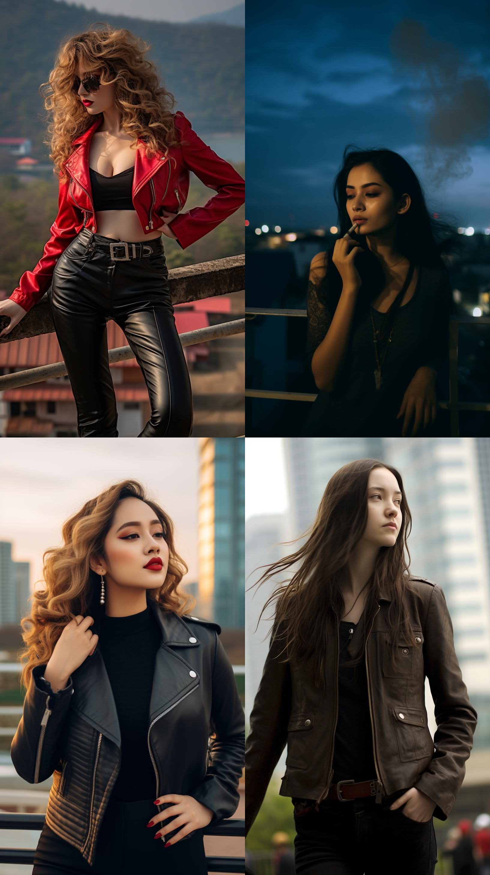 中国少女抽烟，城市天台，现代风格，黑色皮衣，红唇，凝视远方，纵深构图，大光圈，侧逆光，反转，复古色调，忧郁。