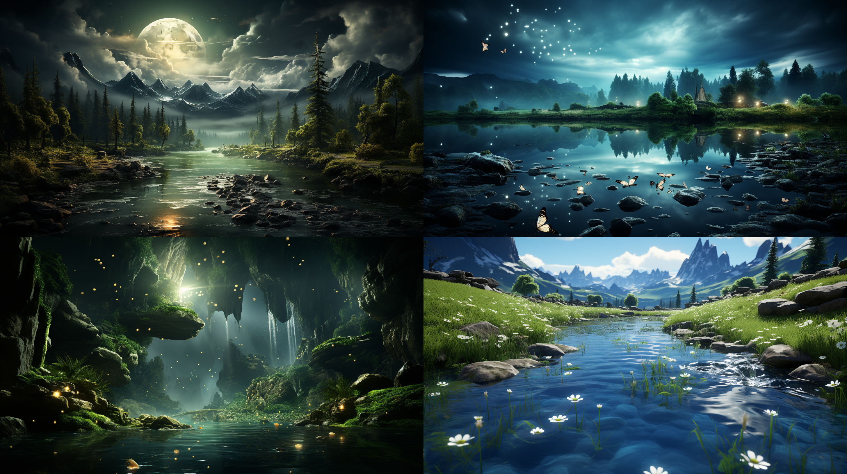 草原奇幻风景，夜空，萤火虫，吉卜力风格，长宽比4∶3