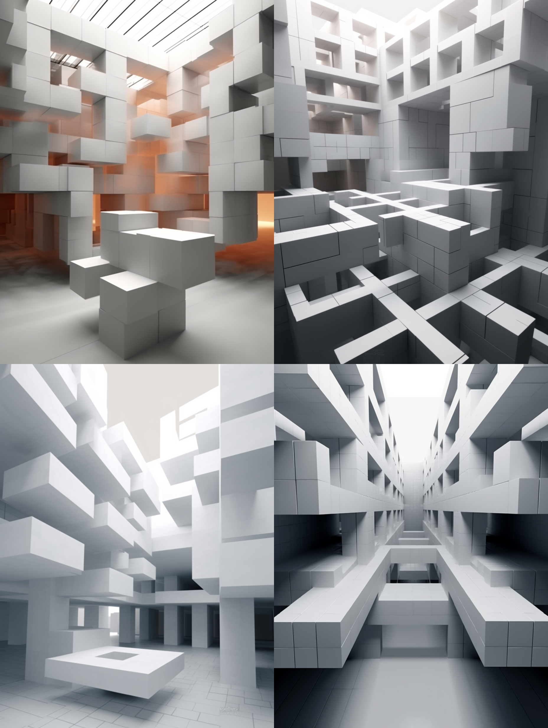 一个纯粹的室内建筑，体块结构，空心体块，钢架，造型奇特，具有很强的艺术感和新颖的设计。人物在体块内活动，摄影，电影灯光，照片般的真实感，8k，最佳质量，高分辨率，类似集装箱，小单元体块，现代设计，几何构图，冷色调，宽广镜头，自然光，放松状态，清新。