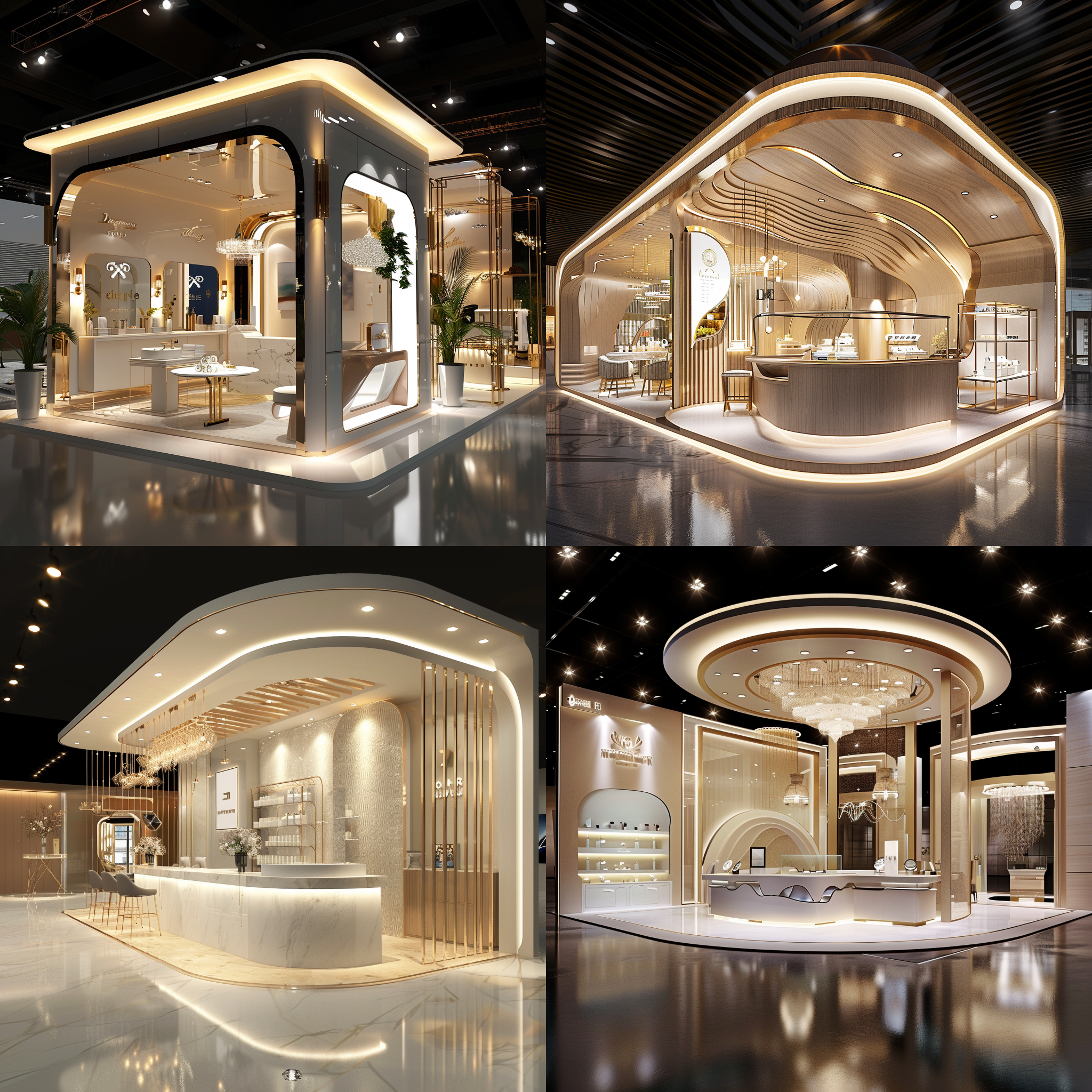 展台效果图，轻奢效果高大上，清爽风格，产品展示，16k超高细节，氛围感浓厚，清新氛围，高清拍摄，广角镜头，明亮照明，展示动作，细节突出，视觉冲击力。