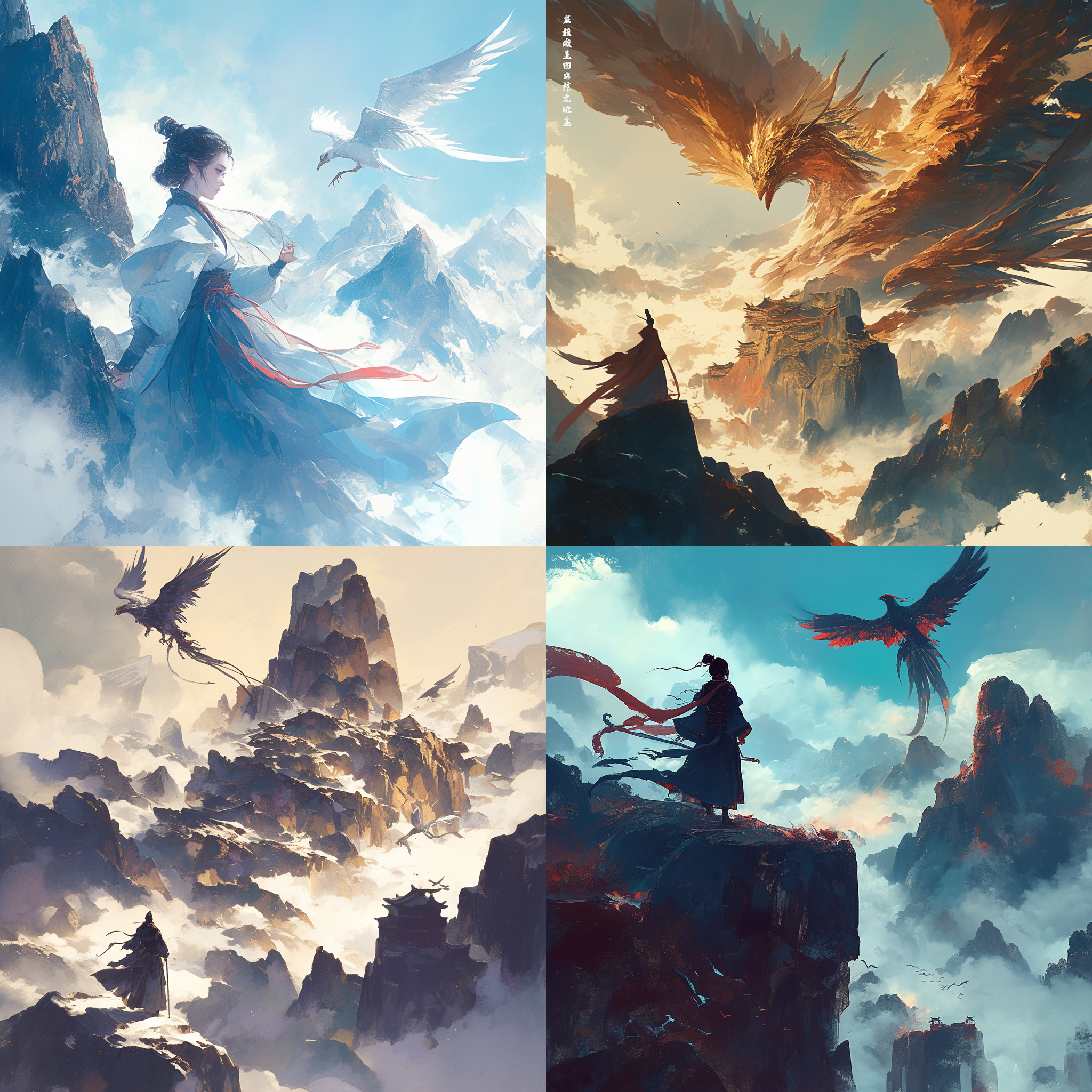 凤鸣九天，古风画风，高山峻岭，云雾缭绕，凤凰翱翔，传统服饰，冷色调，中远景，长焦镜头，逆光，飞翔，自信，神秘。