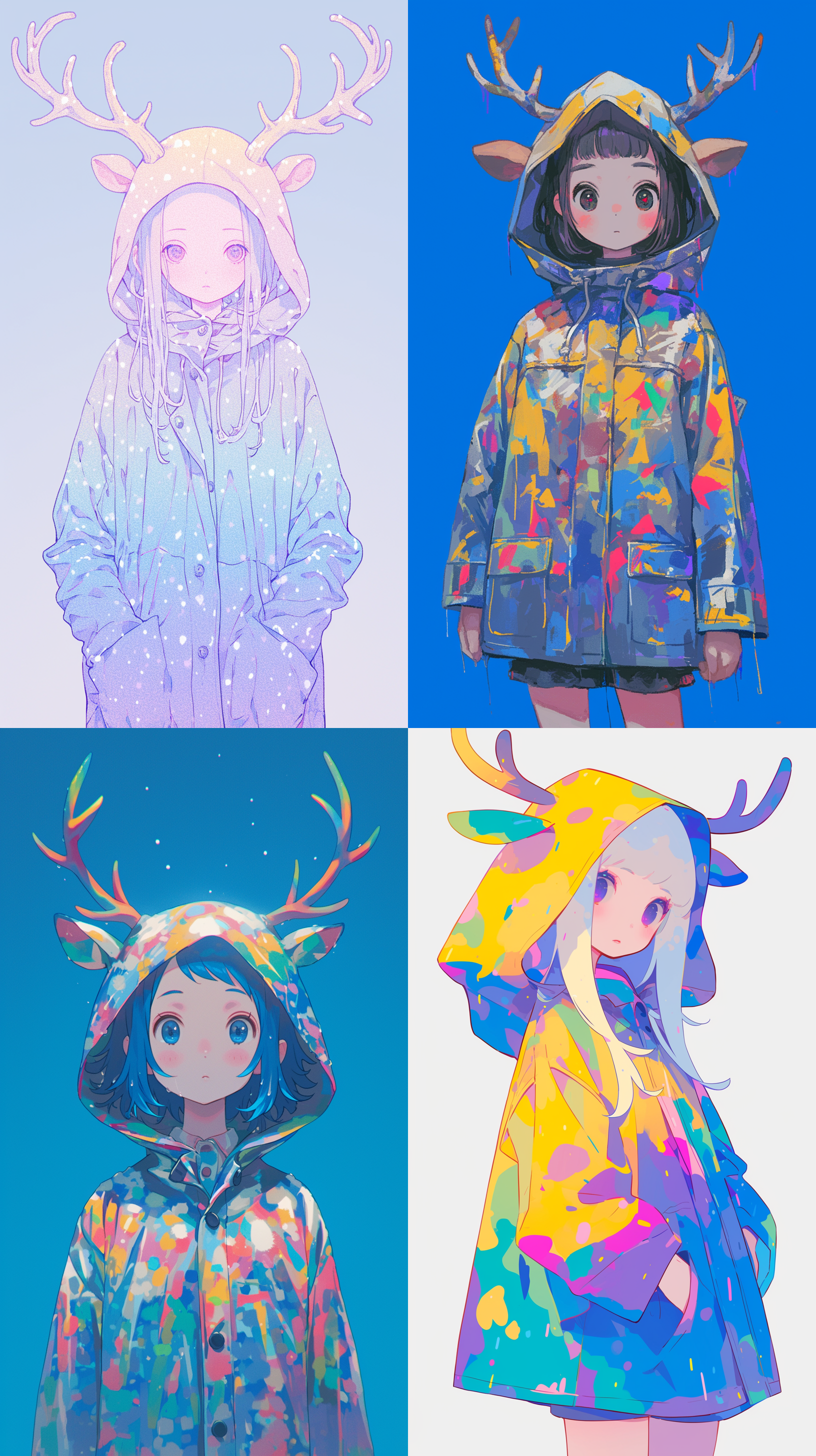 一个可爱的鹿角女孩穿着雨衣，彩虹不透明薄膜rgb，蓝紫色彩虹雨衣，浅紫色，干净的背景，全身，宫崎骏