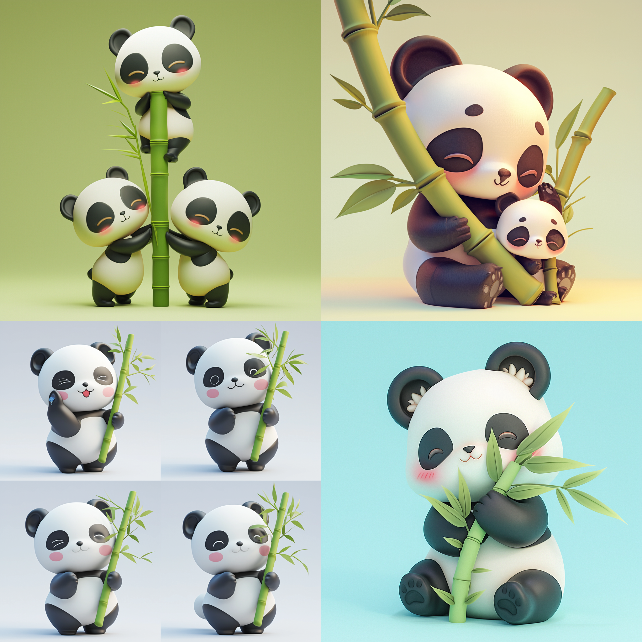 大熊猫手持竹子，盲盒风格，可爱表情，bjd外观，chibi风格，pvc材质，良好照明，3d渲染，oc模型，blender软件，浅色背景，高品质细节，超高清晰度。