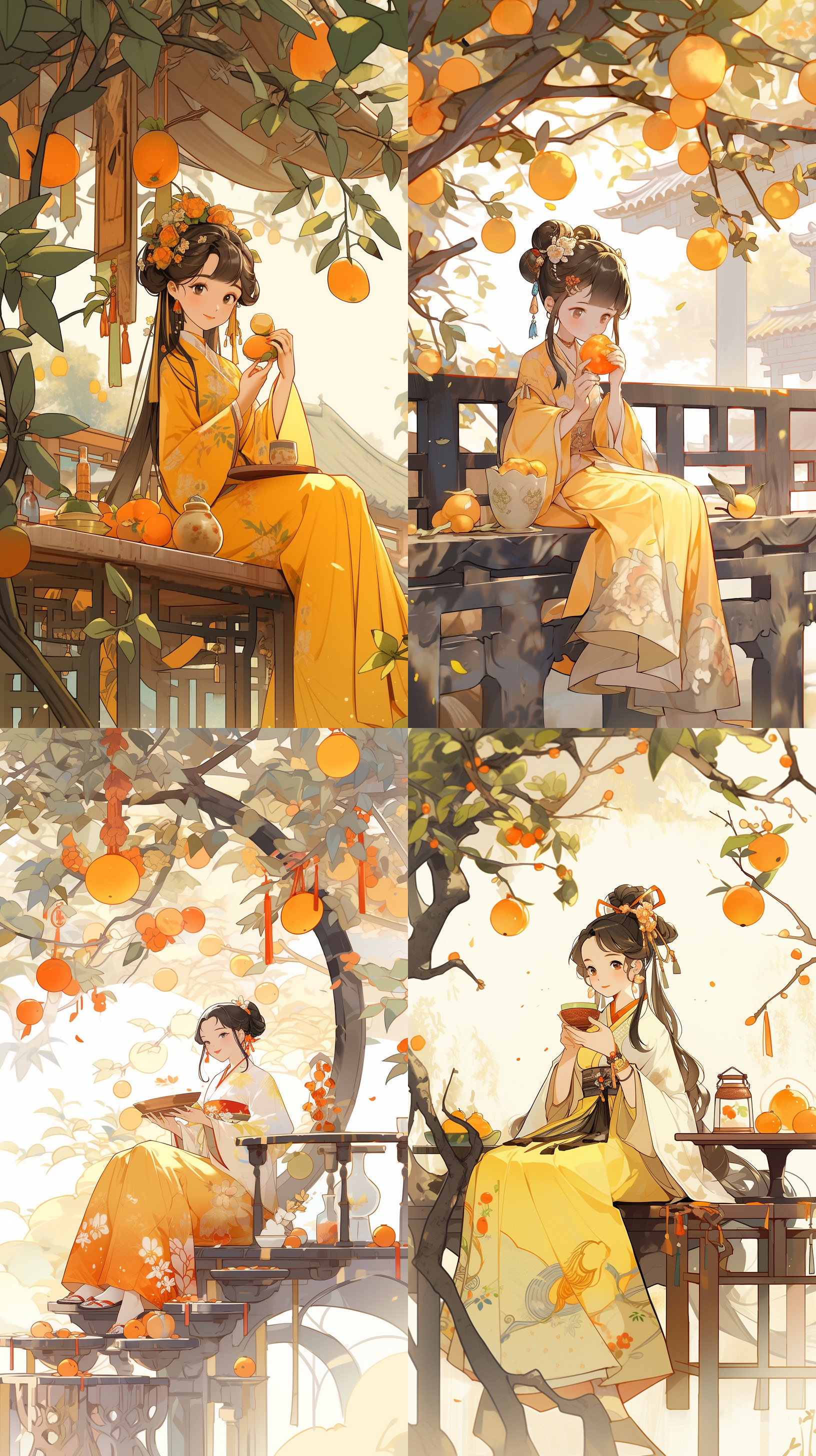 一个超级快乐可爱的中国古代小女孩，坐在亭子里喝茶，柿子树为背景，黄色调，抽象的画面。超现实主义，背景趋势清晰，轮廓清晰