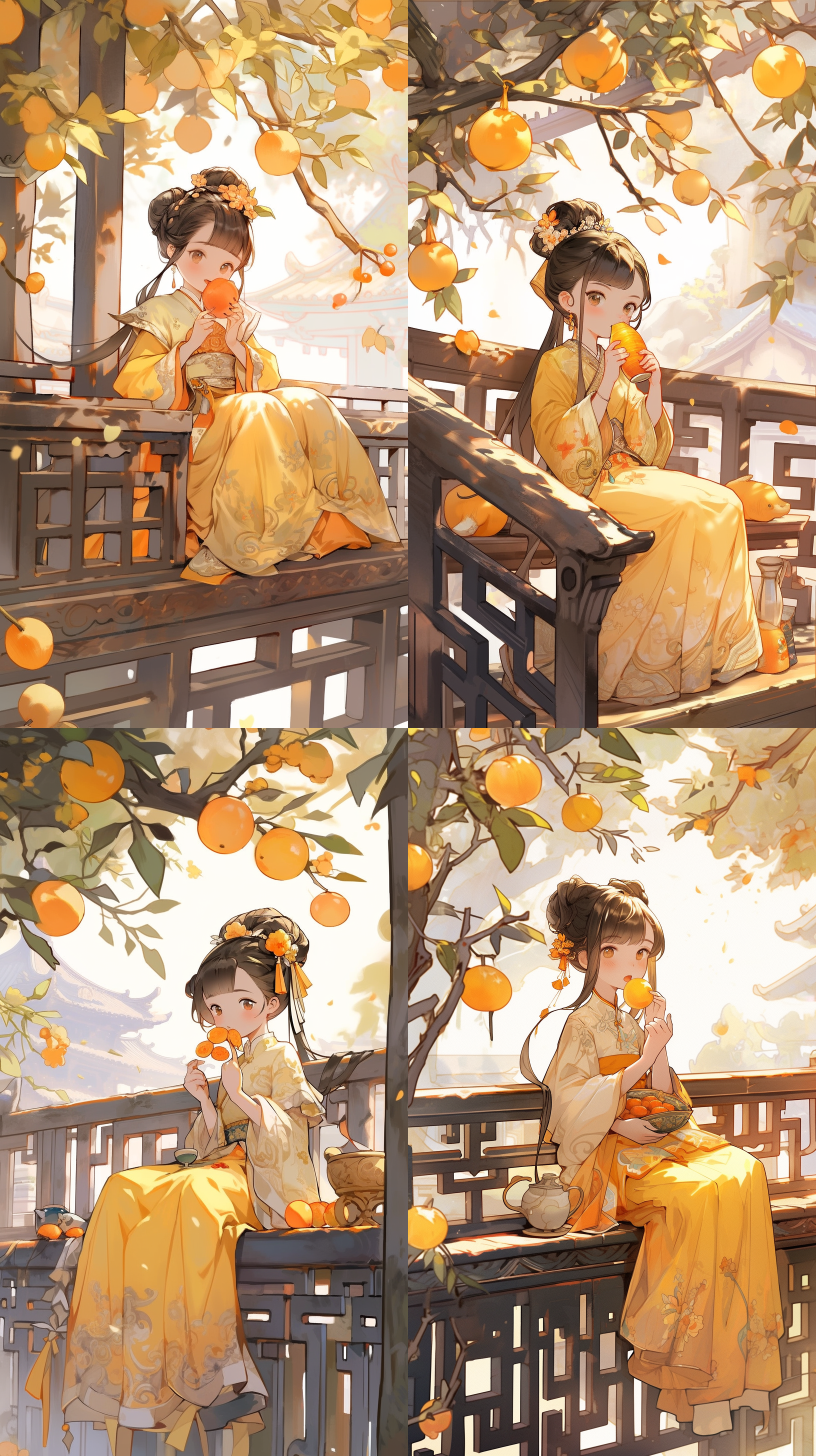 一个超级快乐可爱的中国古代小女孩，坐在亭子里喝茶，柿子树为背景，黄色调，抽象的画面。超现实主义，背景趋势清晰，轮廓清晰