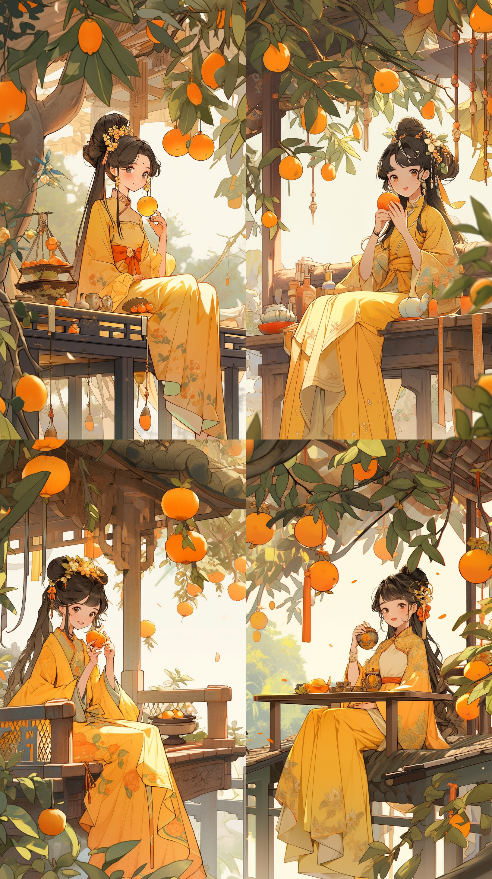 一个超级快乐可爱的中国古代小女孩，坐在亭子里喝茶，柿子树为背景，黄色调，抽象的画面。超现实主义，背景趋势清晰，轮廓清晰