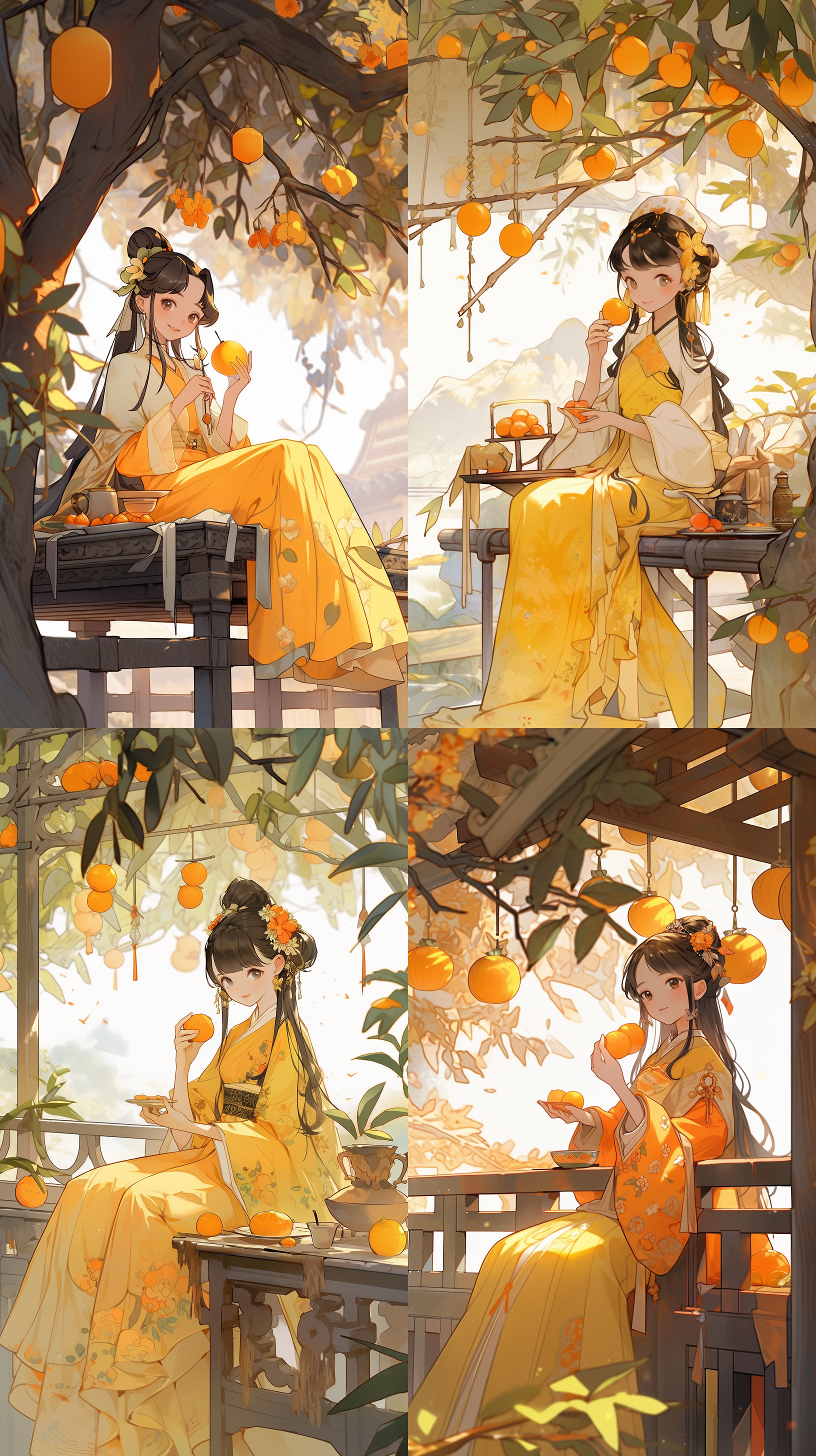 一个超级快乐可爱的中国古代小女孩，坐在亭子里喝茶，柿子树为背景，黄色调，抽象的画面。超现实主义，背景趋势清晰，轮廓清晰
