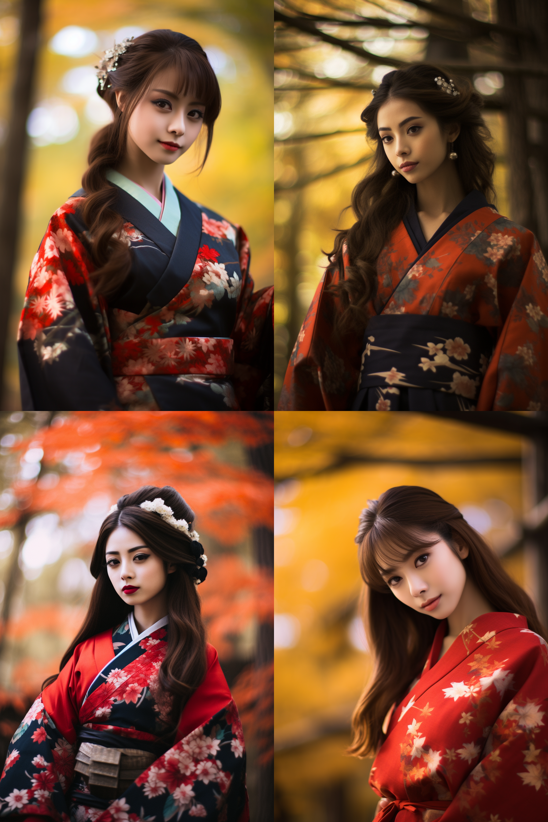 日本和服女孩，枫林背景