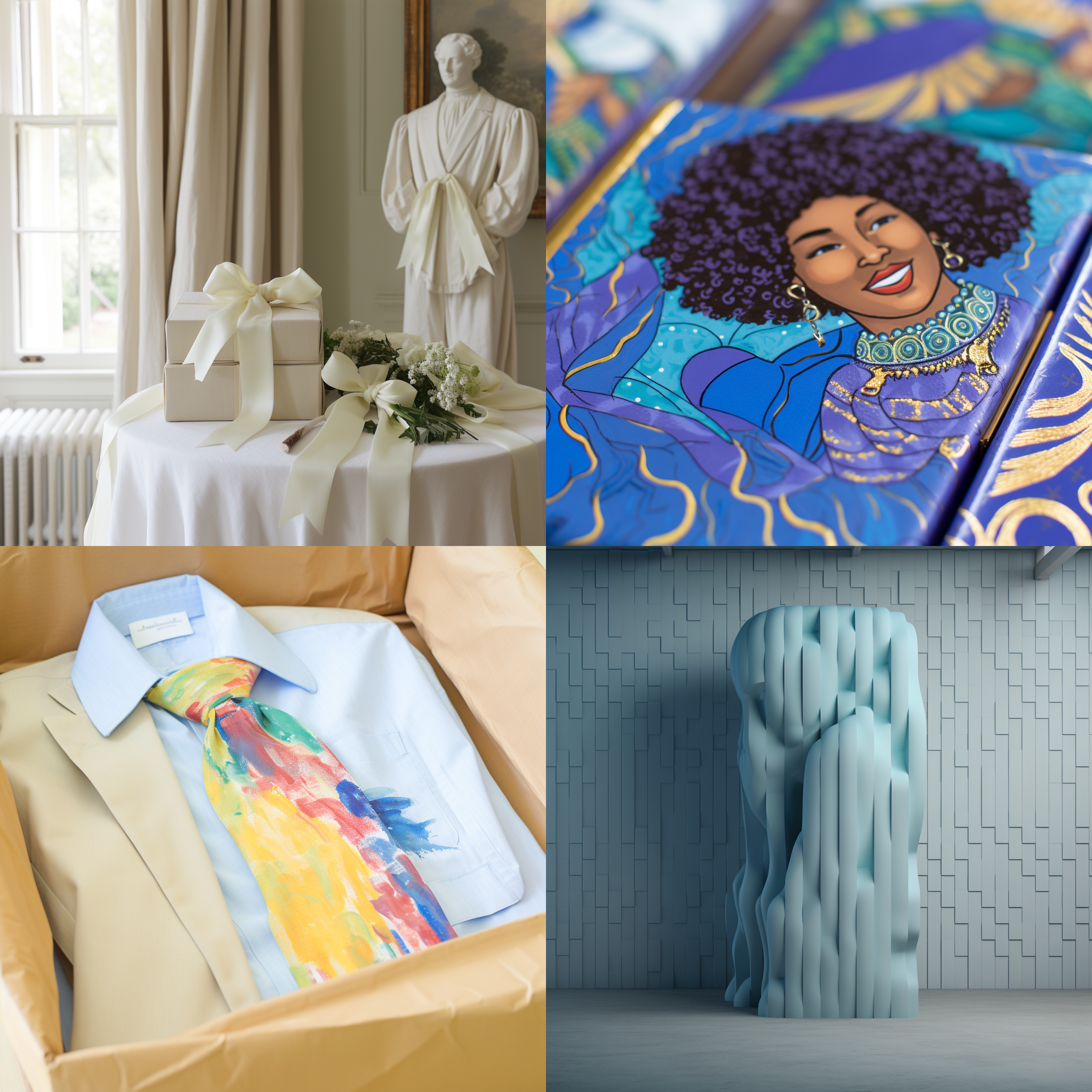 精美盒子包装，盒子表面为人像图片，白色桌面，白布