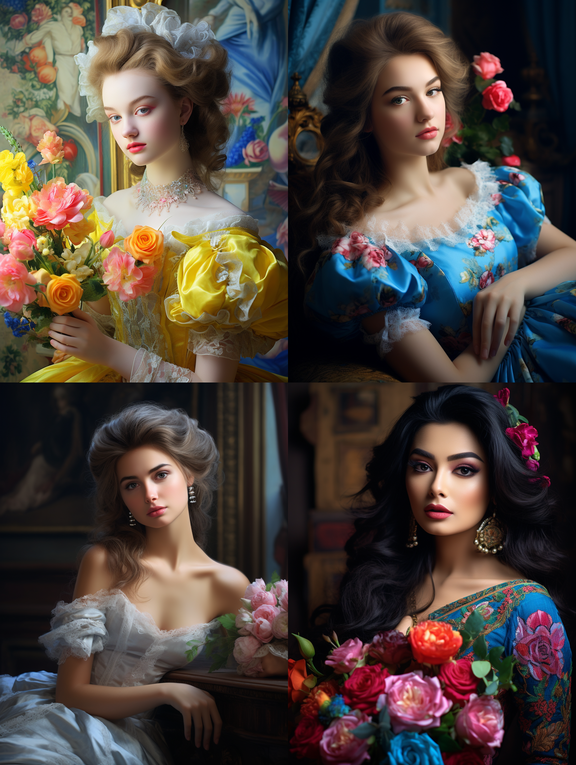 室内拍摄，明亮色调，模特穿着古典服装，侧面肖像，柔和光线，中焦镜头，端庄表情，优雅动作，传统元素，油画效果，温暖情感