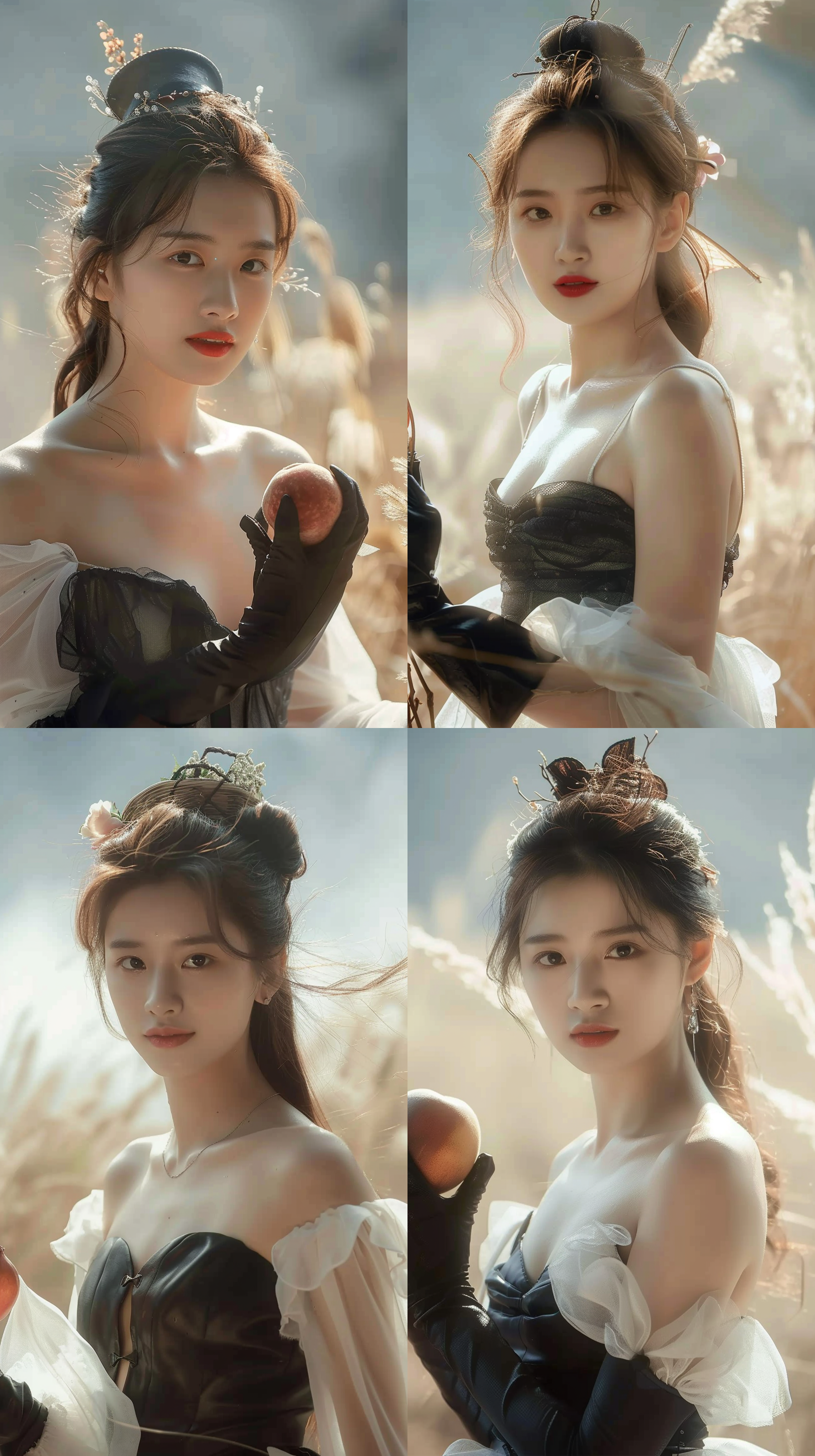 美女在大草原，穿着白色纱裙，戴着花篮帽，自然光线，柔和色调，环境肖像，中景构图，微笑，自然动作，风吹动长发，温暖情感。手里拿着一颗红色的大水蜜桃，水蜜桃红润水灵灵。 草原风光，肖像摄影，自然光，柔焦，中景，微笑，自然动作，长发飘逸，水蜜桃色调，温暖情感。红唇。阳光明媚。皮肤细腻，皮肤光洁白净红润。暖色色调。