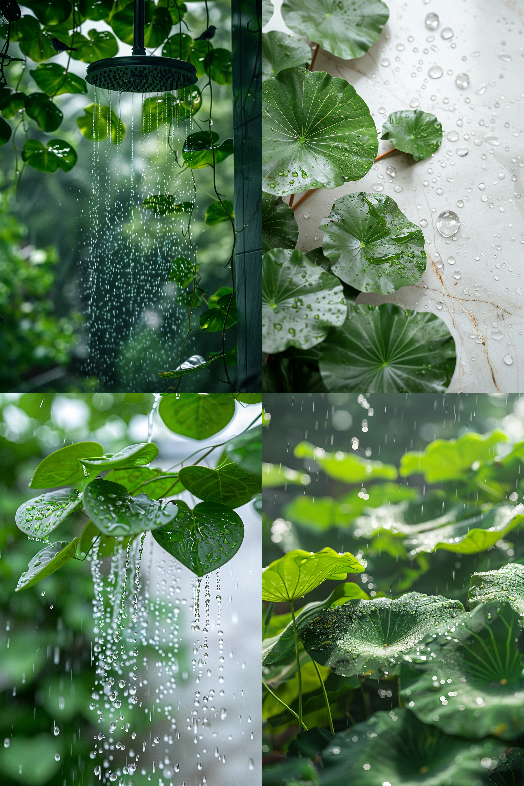 一张中国二十四节气，谷雨，整体与谷雨氛围贴合，展现一个大理石墙壁挂着花洒特写，整体显得空旷神怡然，，旁边有几片很大绿叶，打满水珠，天空中一两只燕子翱翔，下着小雨，绿色田园风格，极致简约，广角镜头，空旷感，色彩鲜明的元素与自然景观相得益彰，营造出宁静和平静的氛围， 电影灯光,8k,超清 oc渲染器 热带雨林 杂草丛生 虚化 超广角 丁达尔效应 斑驳光线 日式园林 园林 荷花 世外桃源