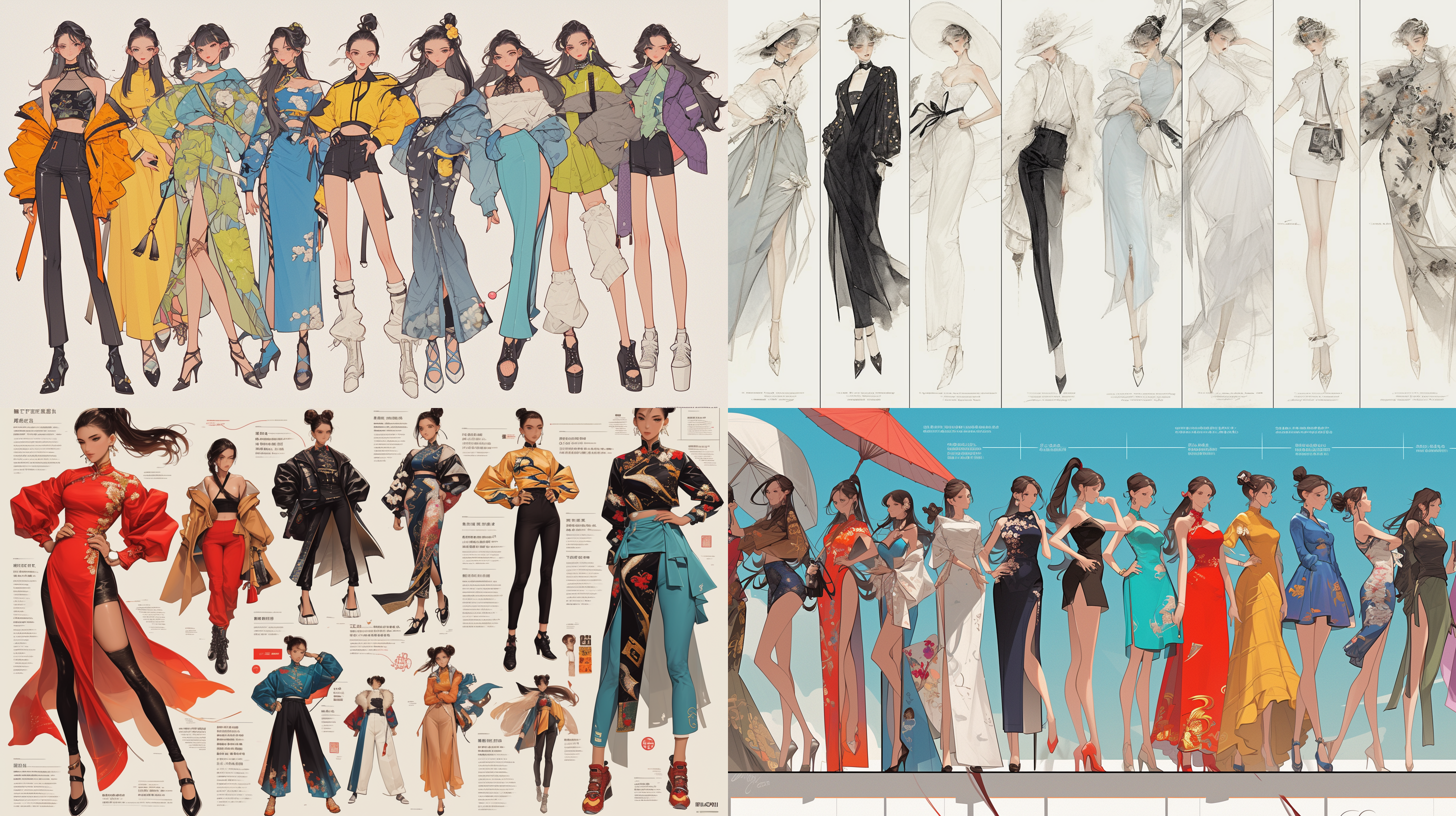 a drawing of the evolution from chinese fashion dressing in the 80s to the modern , perform different moves including squatting and jumping , with different images of each model and a text description for every one , showing the curves of all models and highlighting key features such as the hair , details like hands , legs , neck etc .,2d, white background , hyper realistic