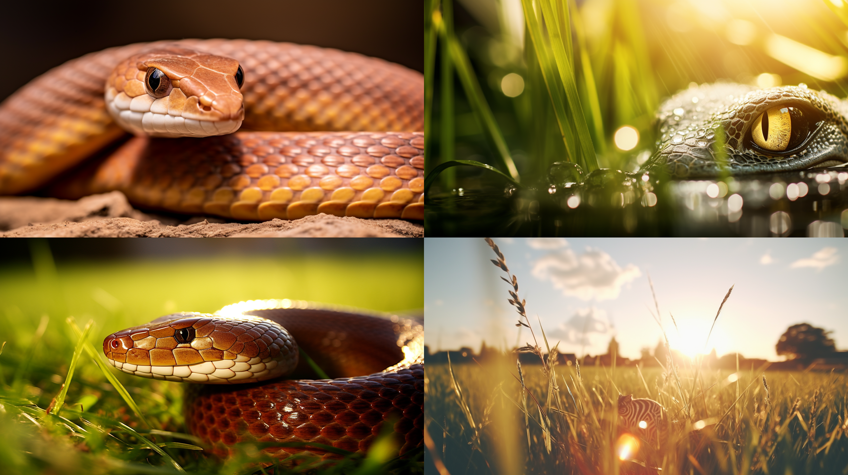 蛇在日落光线下，草地上，俯视角度，自然环境，细节纹理，暖色调，长焦镜头，侧光，悠闲蜿蜒，金黄色调，宁静。