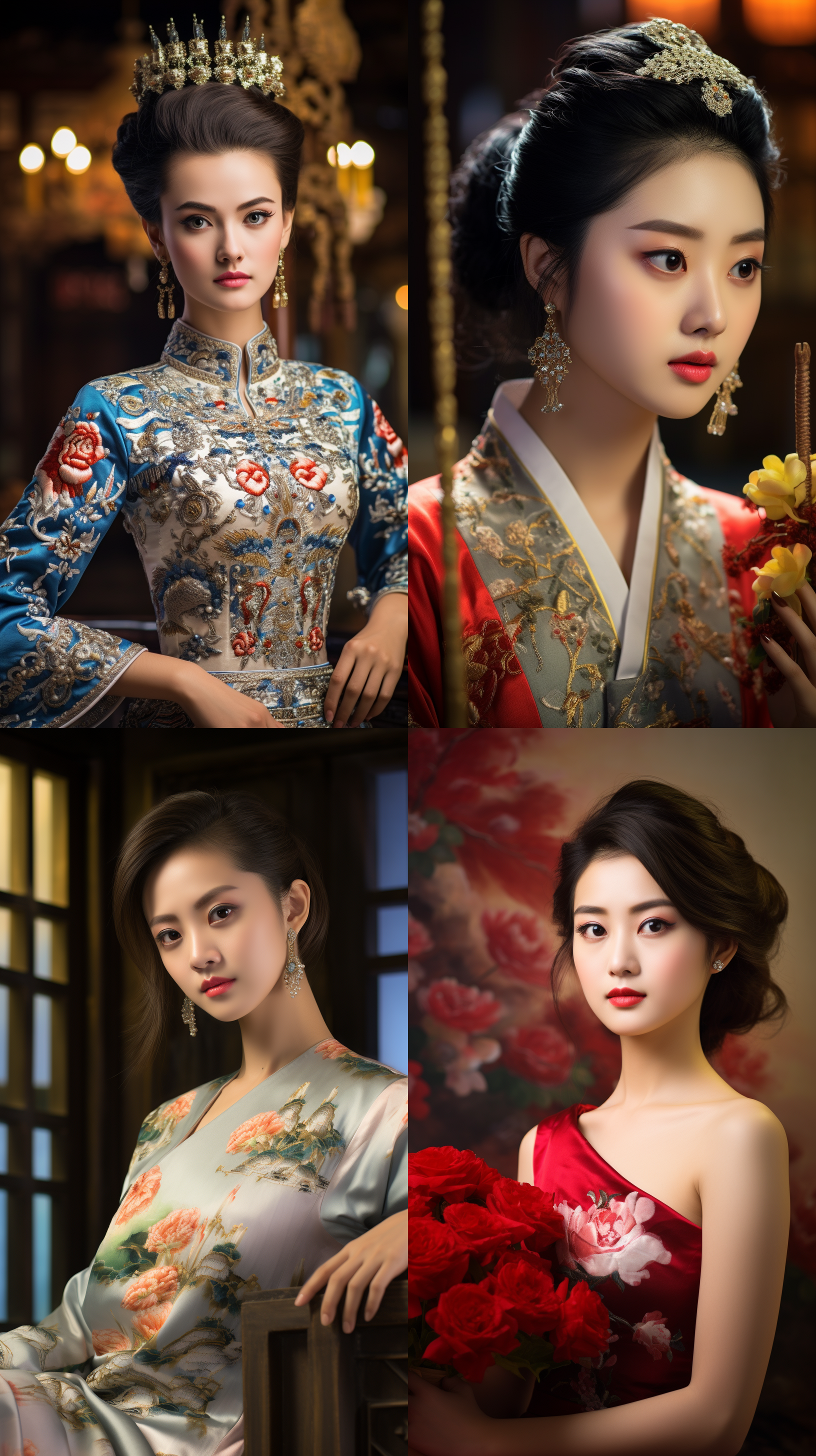 室内拍摄，明亮色调，中国模特穿着古典服装，侧面肖像，柔和光线，中焦镜头，端庄表情，优雅动作，传统元素，油画效果，温暖情感