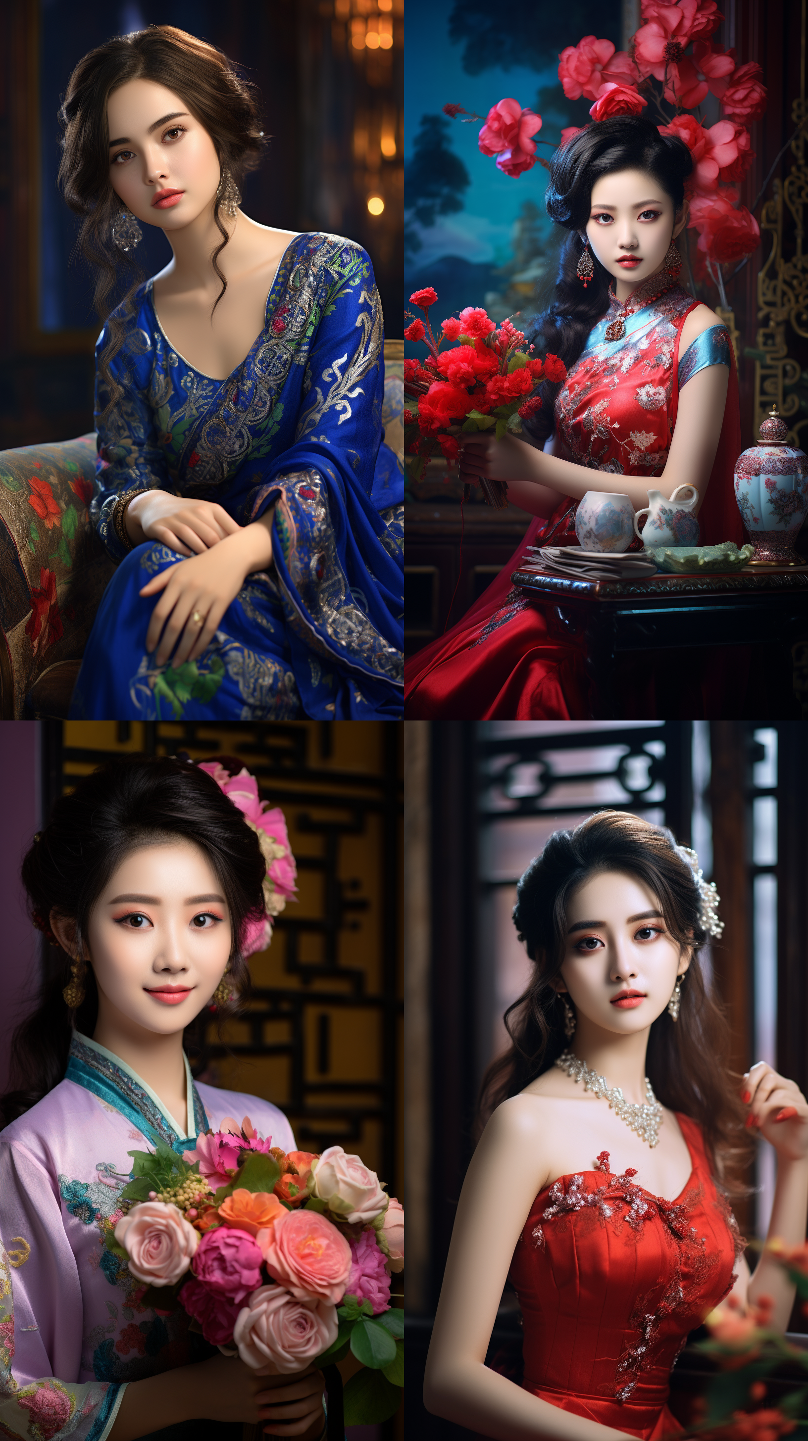 室内拍摄，明亮色调，中国模特穿着古典服装，侧面肖像，柔和光线，中焦镜头，端庄表情，优雅动作，传统元素，油画效果，温暖情感