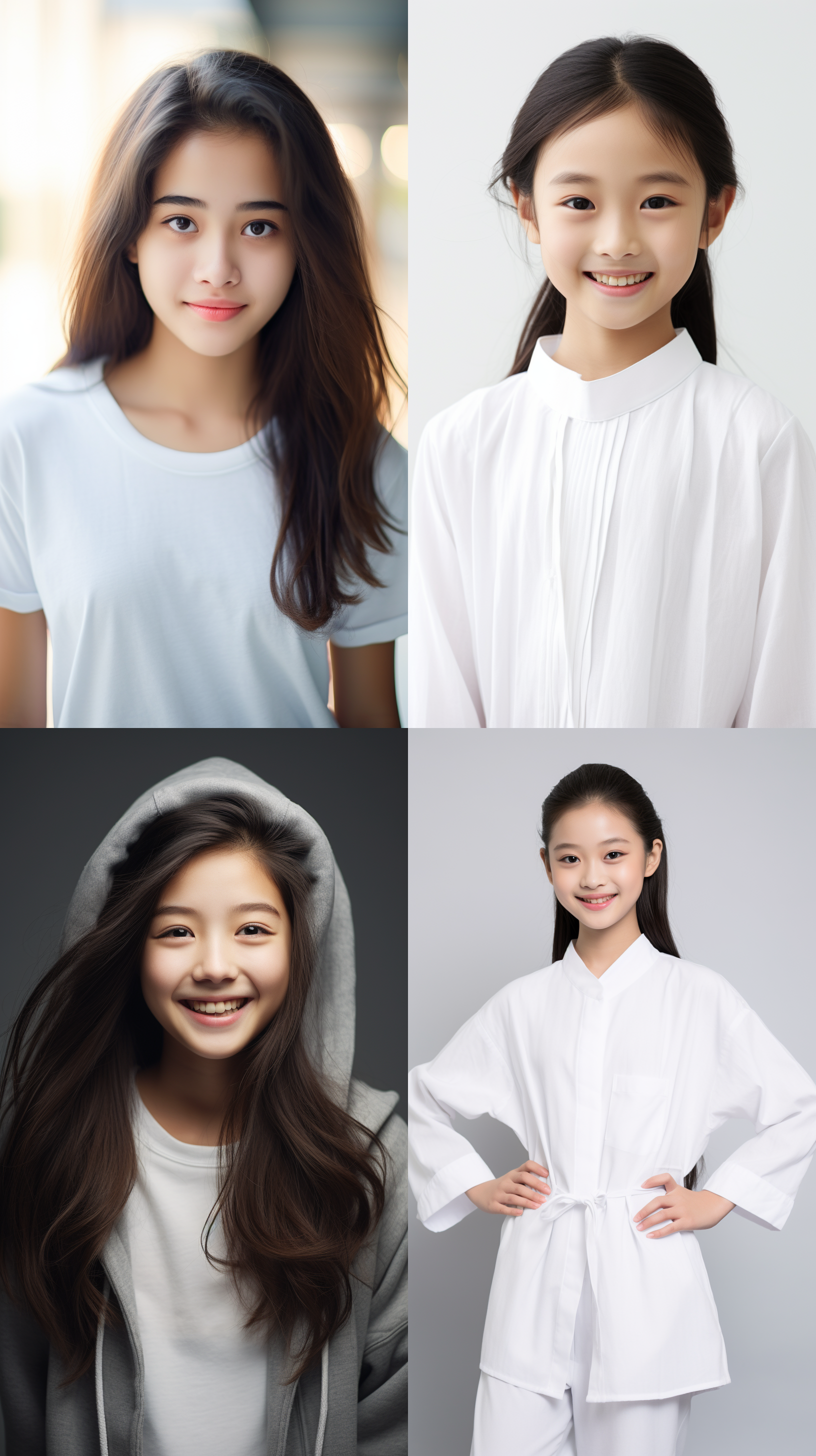 12岁中国少女，肖像镜头，明亮光线，纯净白色背景，自然妆容，微笑，柔和色调，自然风格，清新氛围。