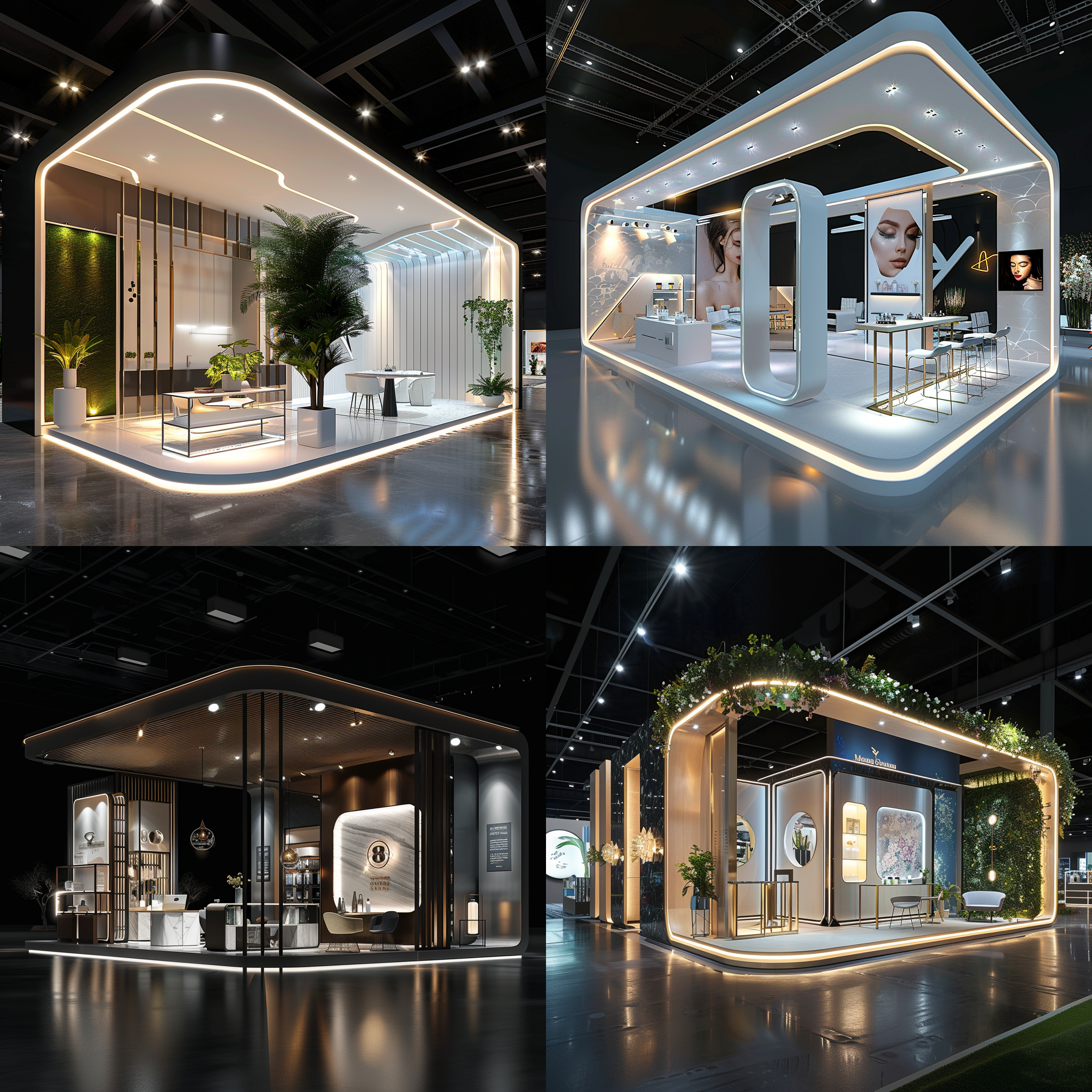 展台效果图，高大上轻奢效果，清爽风格，产品展示，8k超高细节，氛围感浓厚，清新氛围，高清拍摄，广角镜头，明亮照明，展示动作，细节突出，视觉冲击力。