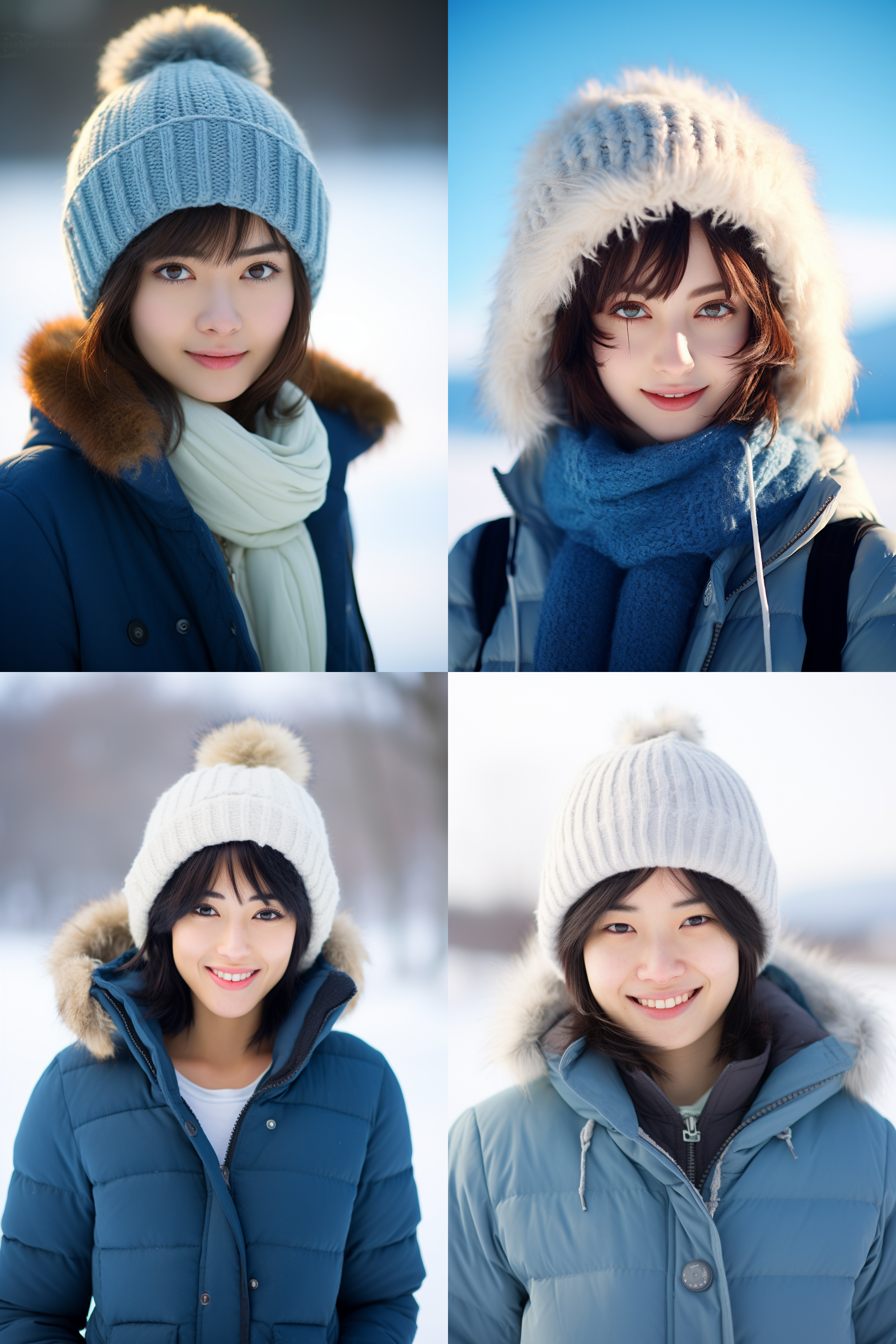 中国女孩短发人像，冬季户外，明亮环境，超高清摄影图 女孩戴着毛线帽，穿着羽绒服，微笑，雪地中央，中焦镜头，自然光，静态，清澈眼神，蓝白色调，温暖。