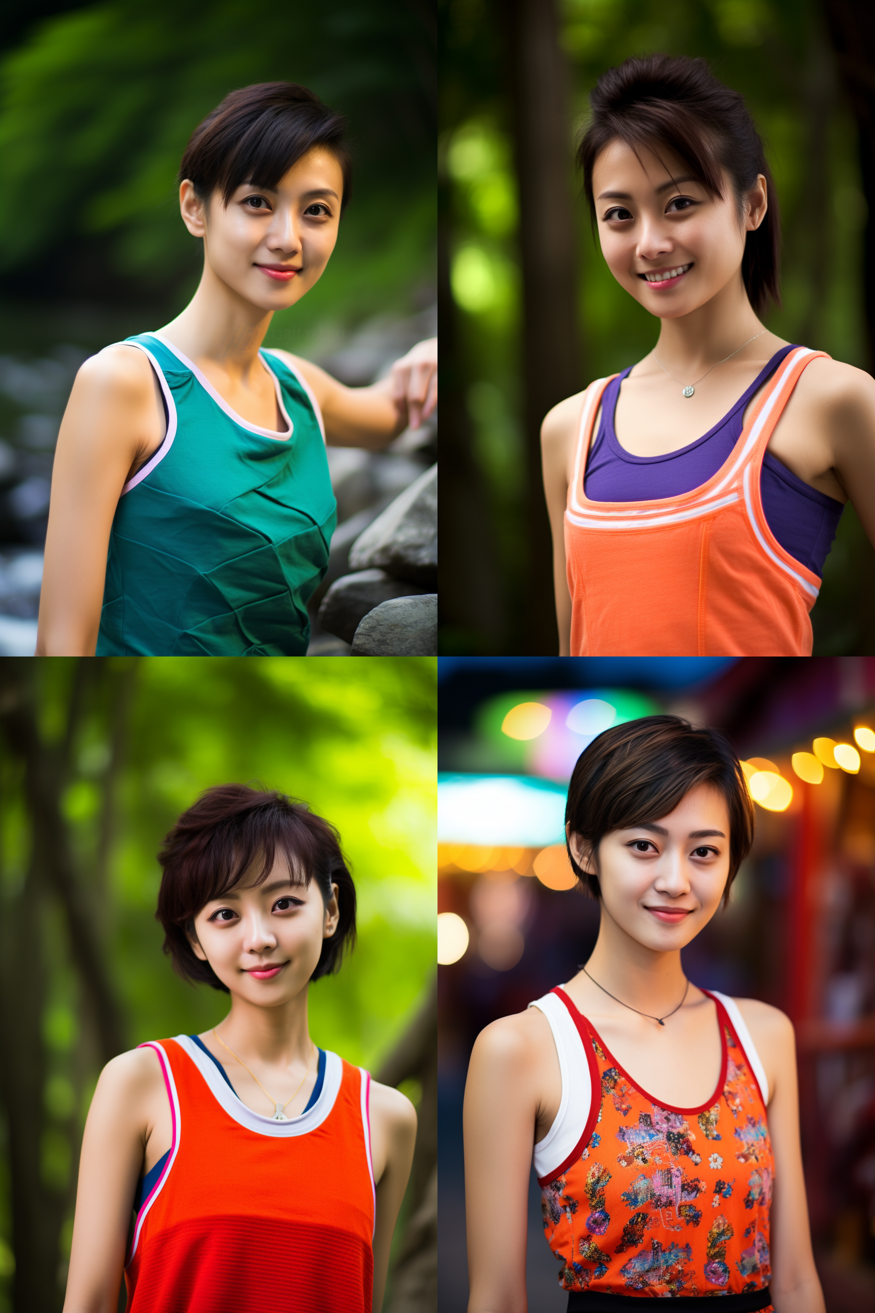 中国短发女孩，穿背心，明亮光线，摄影图 清新自然，户外风景，肖像模式，中焦镜头，微笑，自然姿态，色彩鲜艳，快门优先，放松自然