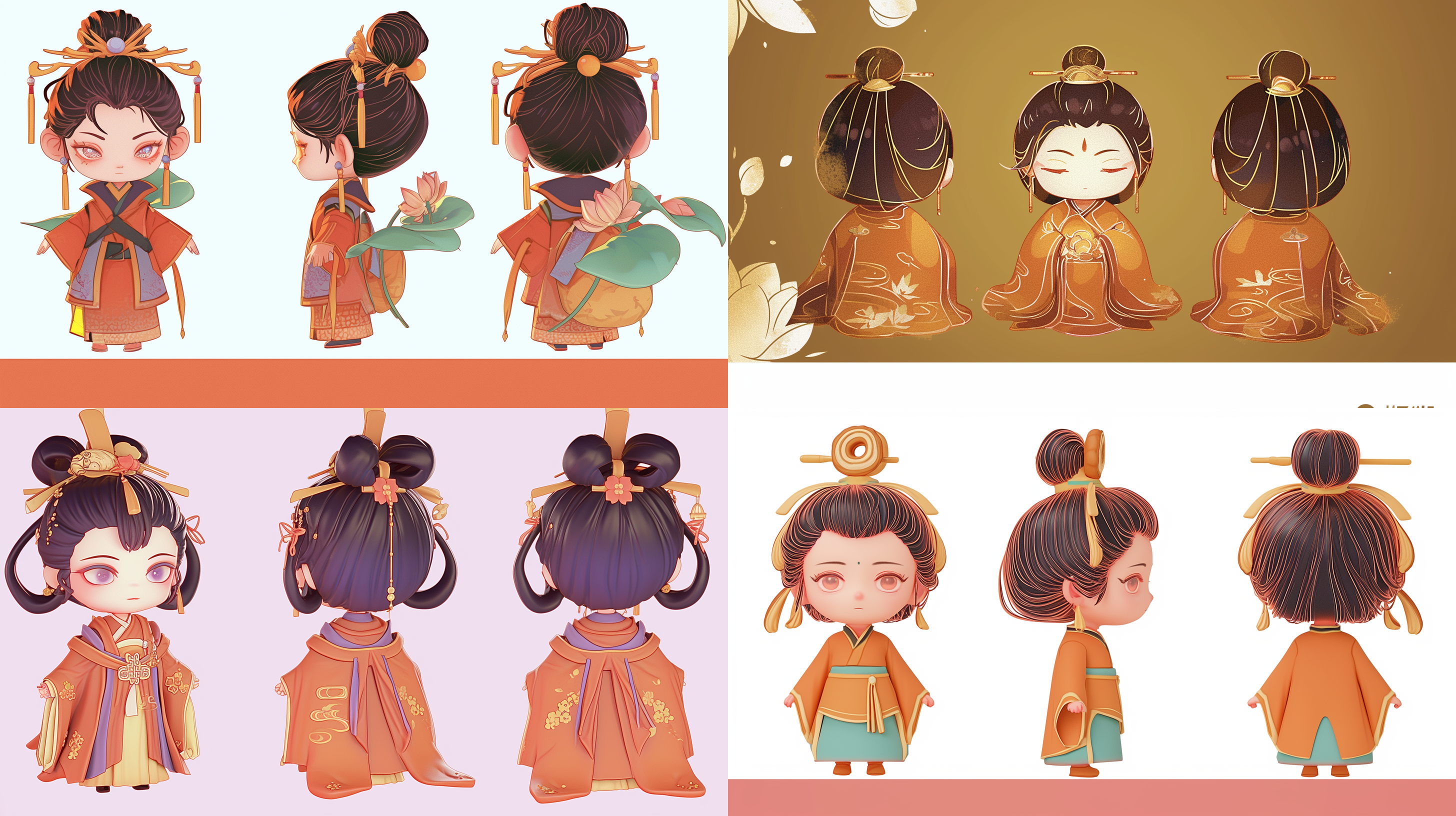 三视图，正视图，侧视图，背视图，q版，三头身，可爱，古风小女孩，花朵，糕点full body, enerate three views, namely the front view the side view abd the back view, super cute girl ip by pop mark, colorful, plastict ransparent, soft lighting, glowing body,mockup, blind box toy,fine luster,clean background, 3d render, oc render, best quality 4k, ultra detailed, crazy details