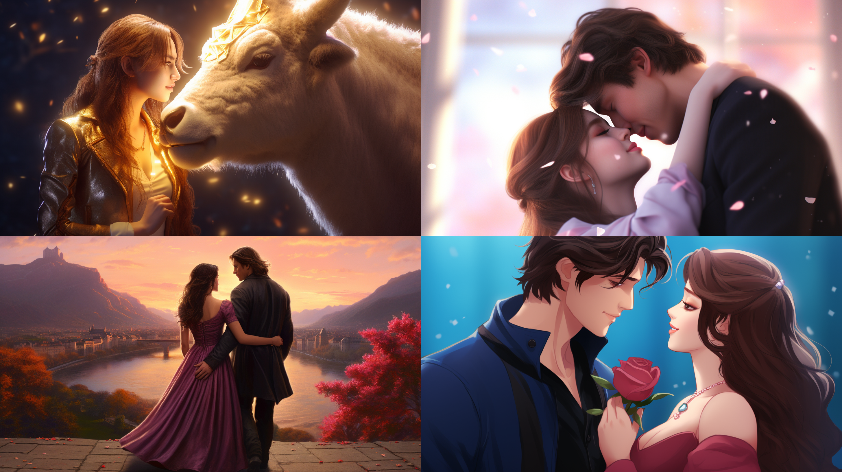 牛郎织女相会，七夕浪漫场景。牛郎穿着古装，英俊帅气；织女身着华美锦衣，容光焕发。他们在一座美丽的桥上相遇，桥下流水潺潺。整个画面明亮温暖，色彩柔和，充满浪漫氛围。镜头使用长焦距，突出了两人的相聚与幸福。