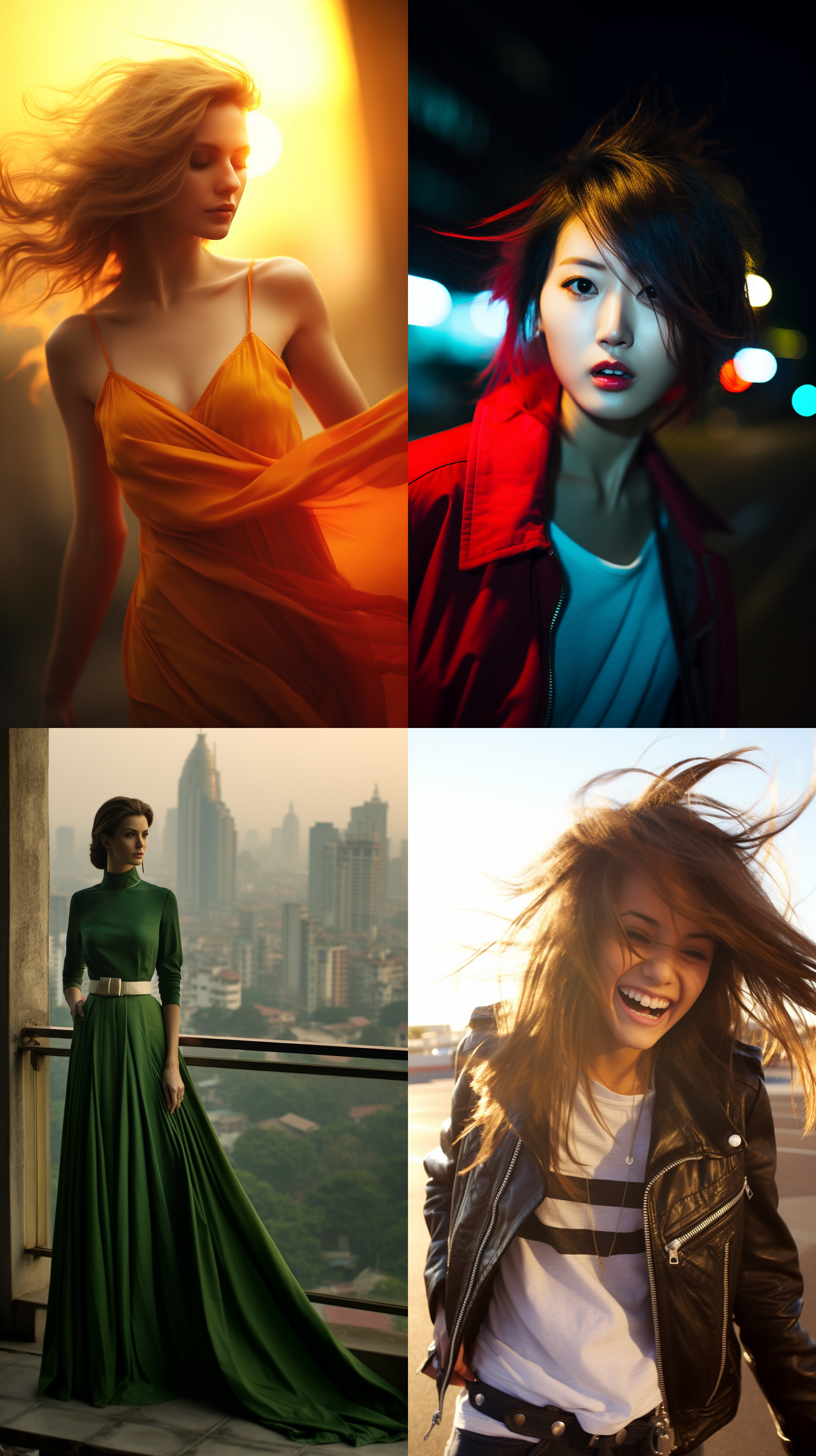 中国模特，穿着华丽礼服，站在城市天际线前，风吹起长发，自信微笑，高视角，逆光拍摄，大光圈，动感，时尚，现代。