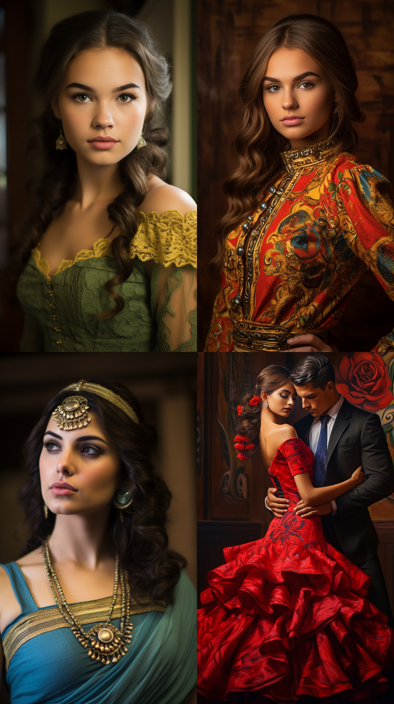 室内拍摄，明亮色调，模特穿着古典服装，侧面肖像，柔和光线，中焦镜头，端庄表情，优雅动作，传统元素，油画效果，温暖情感