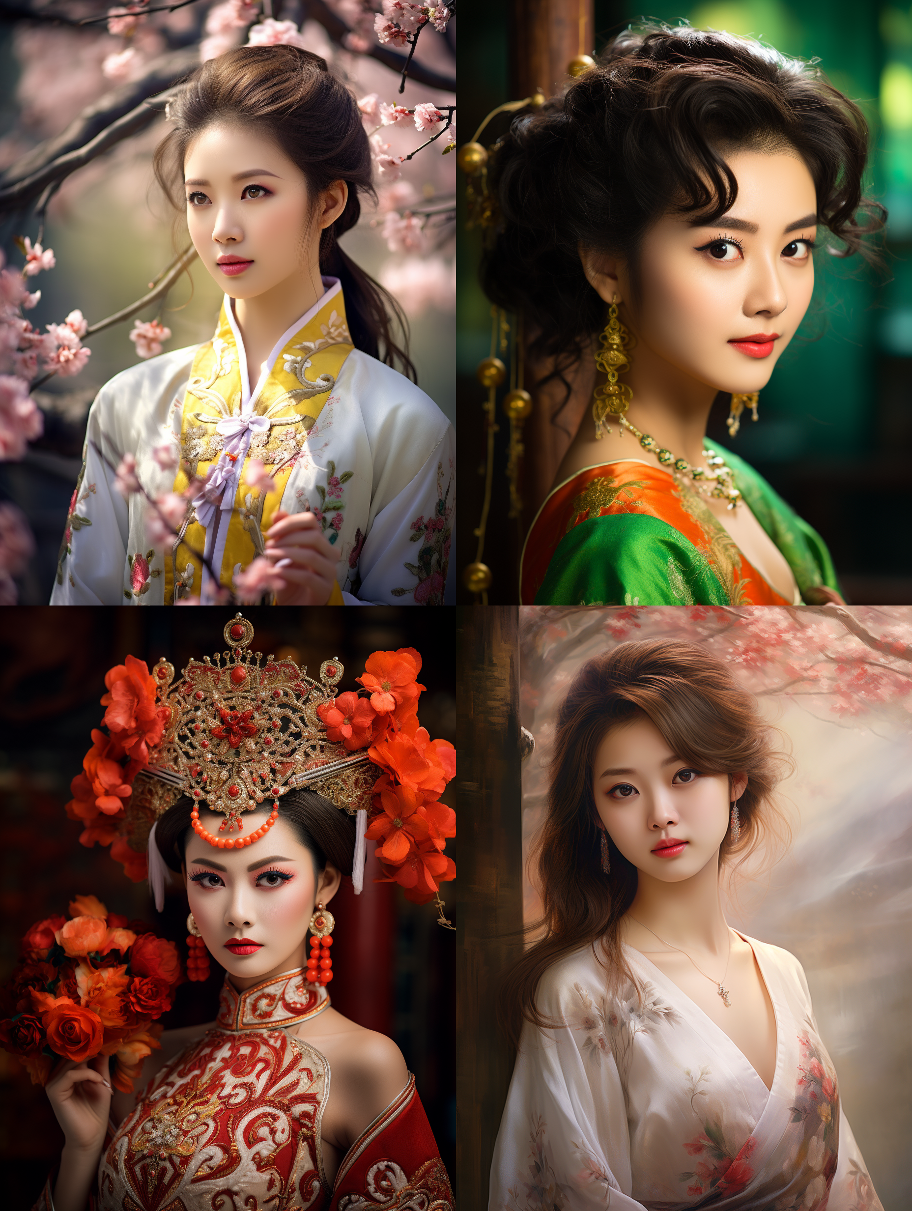 室外拍摄，明亮色调，中国模特穿着古典服装，侧面肖像，柔和光线，中焦镜头，端庄表情，优雅动作，传统元素，油画效果，温暖情感